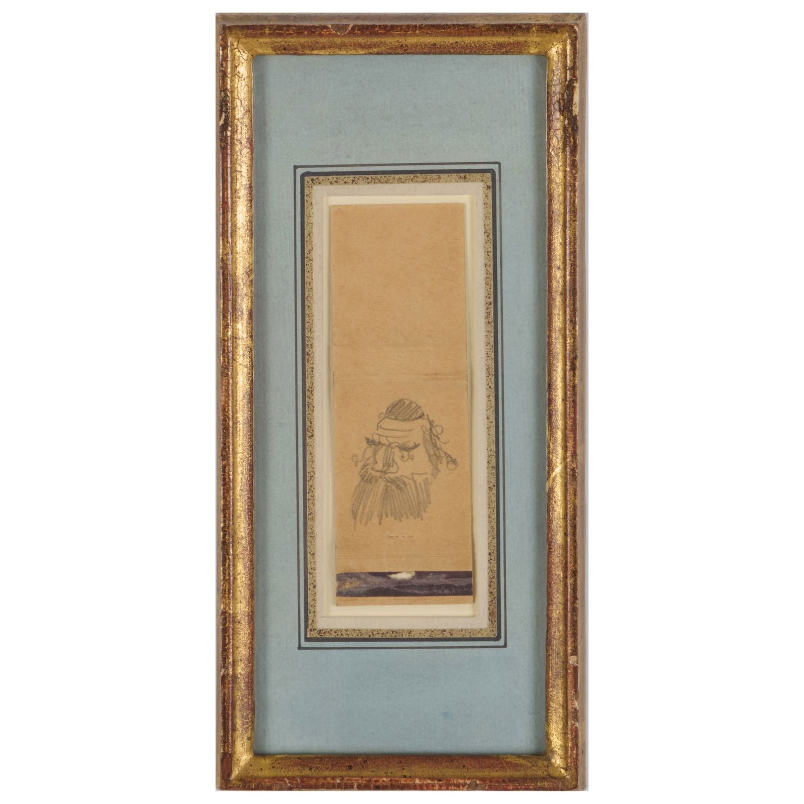 David Levine (1926-2009): Angry Russian Icon Figure: David Levine (1926-2009): Angry Russian Icon Figure Pencil on matchbook cover, 1962, unsigned, with label from Davis & Langdale Company, NY. 4 3/8 x 1 1/2 in. (sheet), 8 1/2 x 4 in. (frame). Davis & L