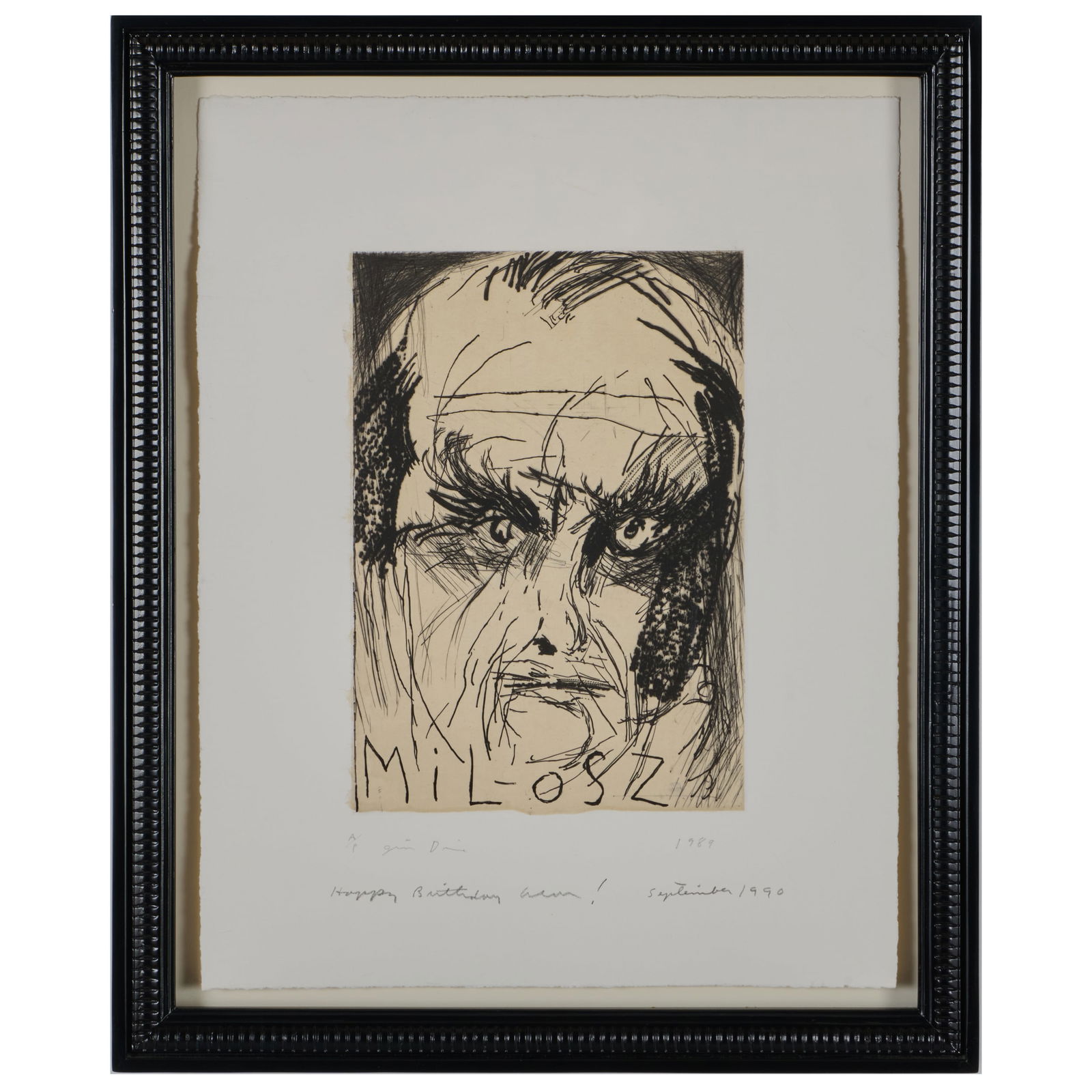 Jim Dine (b. 1935): A Portrait of the Poet: Jim Dine (b. 1935): A Portrait of the Poet Drypoint in black on Chine colle, 1989, signed, dated and inscribed ' Happy Birthday Alan! September 1990' in pencil, numbered A/P. 17 1/2 x 14 in. (sheet),
