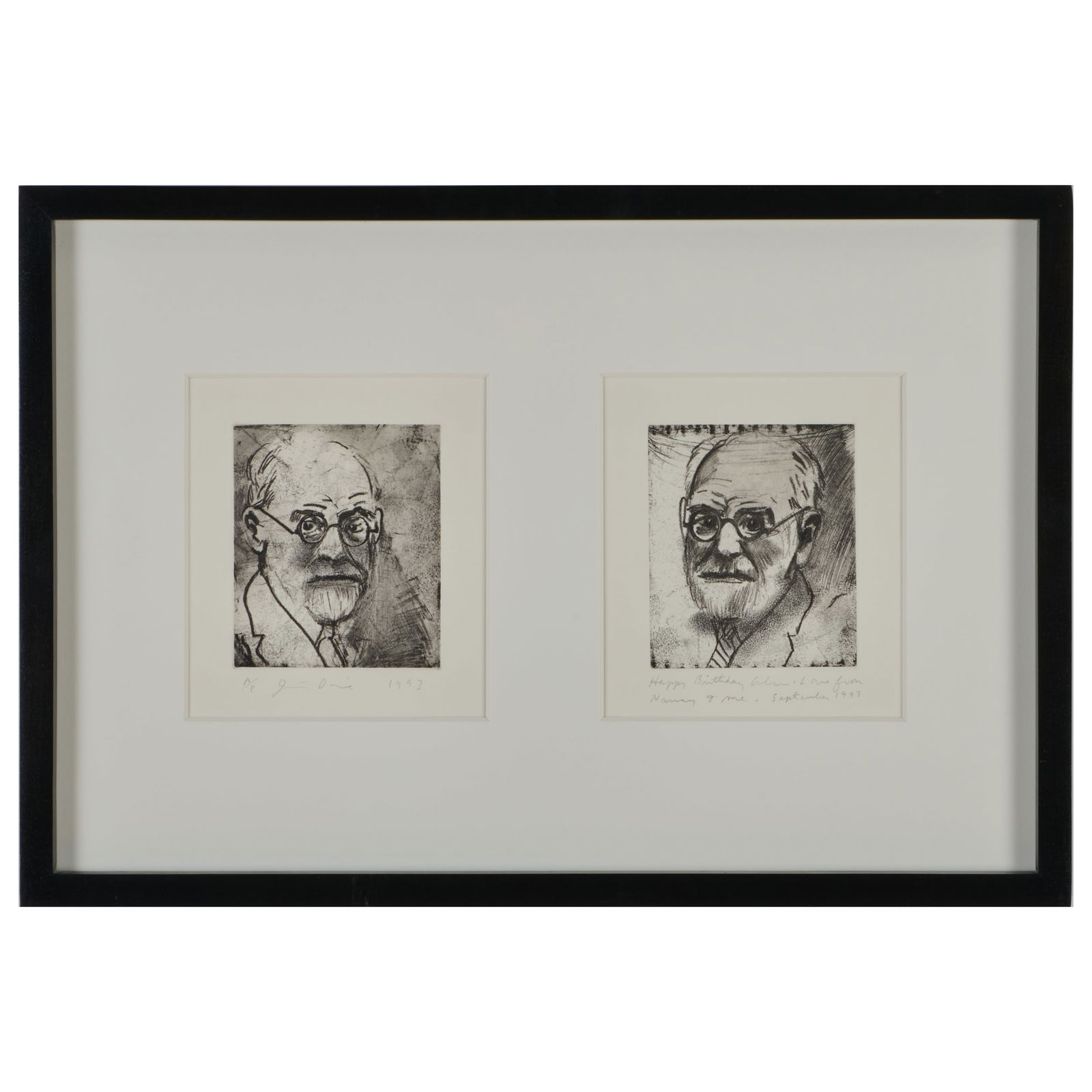 Jim Dine (b. 1935) Two Self Portraits: Jim Dine (b. 1935) Two Self Portraits Two etchings in black on two sheets of wove paper, 1993, signed, dated, inscribed 'A/P' and Happy Birthday Alan from Nancy + Me' in pencil'. Both 9 3/4 x 8 3/8 in