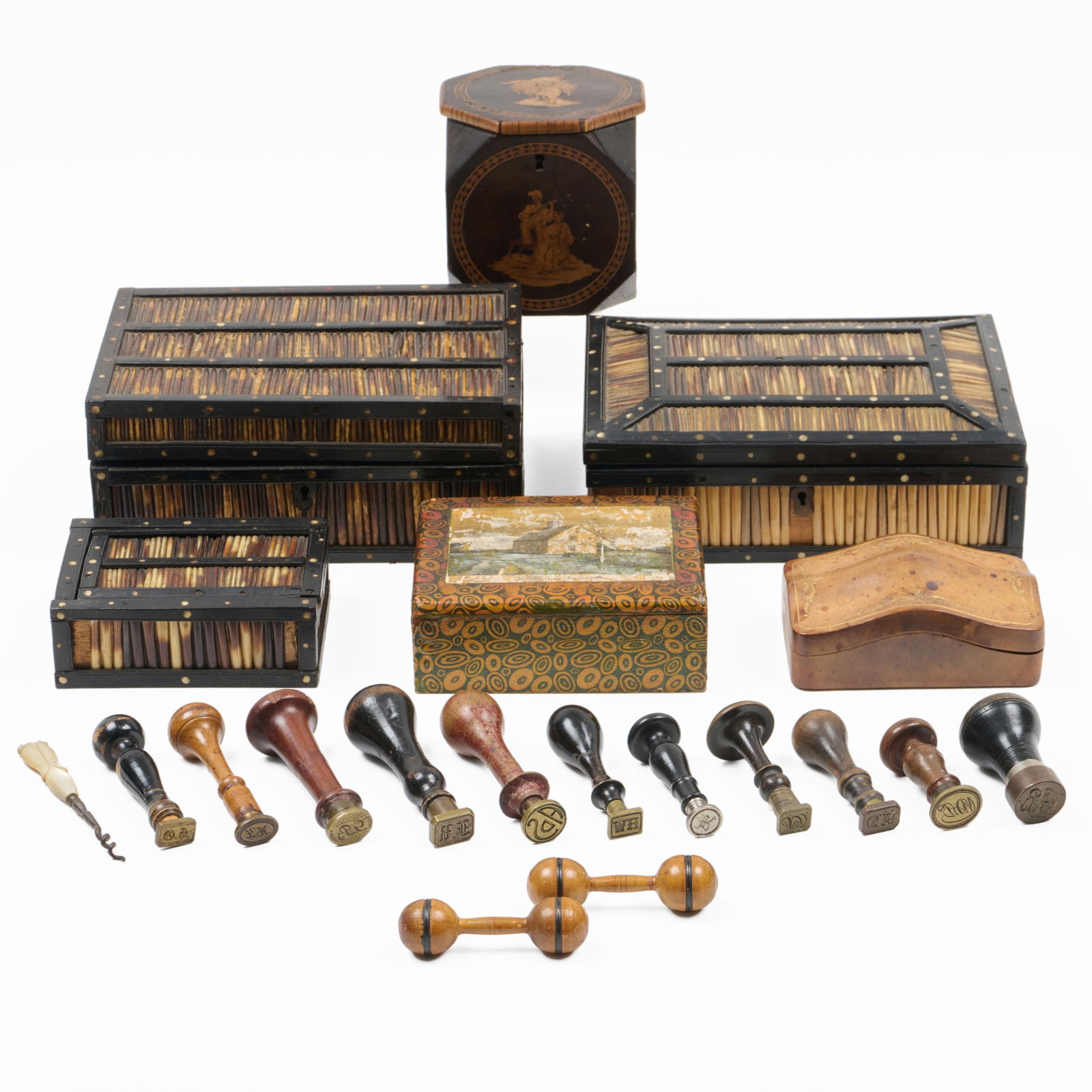 Group of Six Table Boxes and Ten Seals with Wood Handles: Group of Six Table Boxes and Ten Seals with Wood Handles The boxes including lacquer, porcupine quill, leather, papier-macha, painted wood, inlaid wood, and mother-of-pearl. Together with:A mother-of-