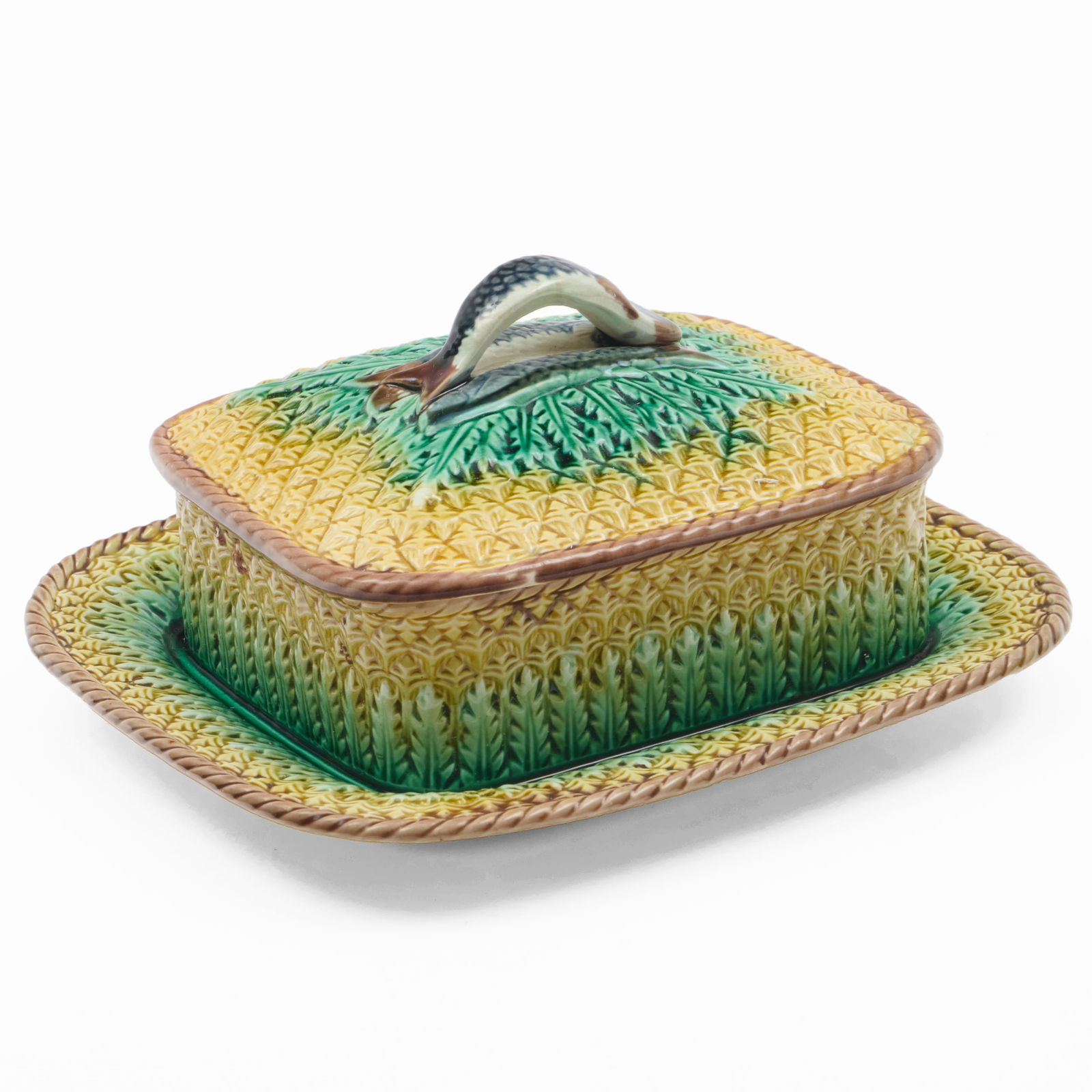 Majolica Pineapple Sardine Box, Possibly Adams & Bromley: Majolica Pineapple Sardine Box, Possibly Adams & Bromley Unmarked.4 x 8 1/4 x 7 1/2 in. The Collection of Alan and Marilyn Bergman.