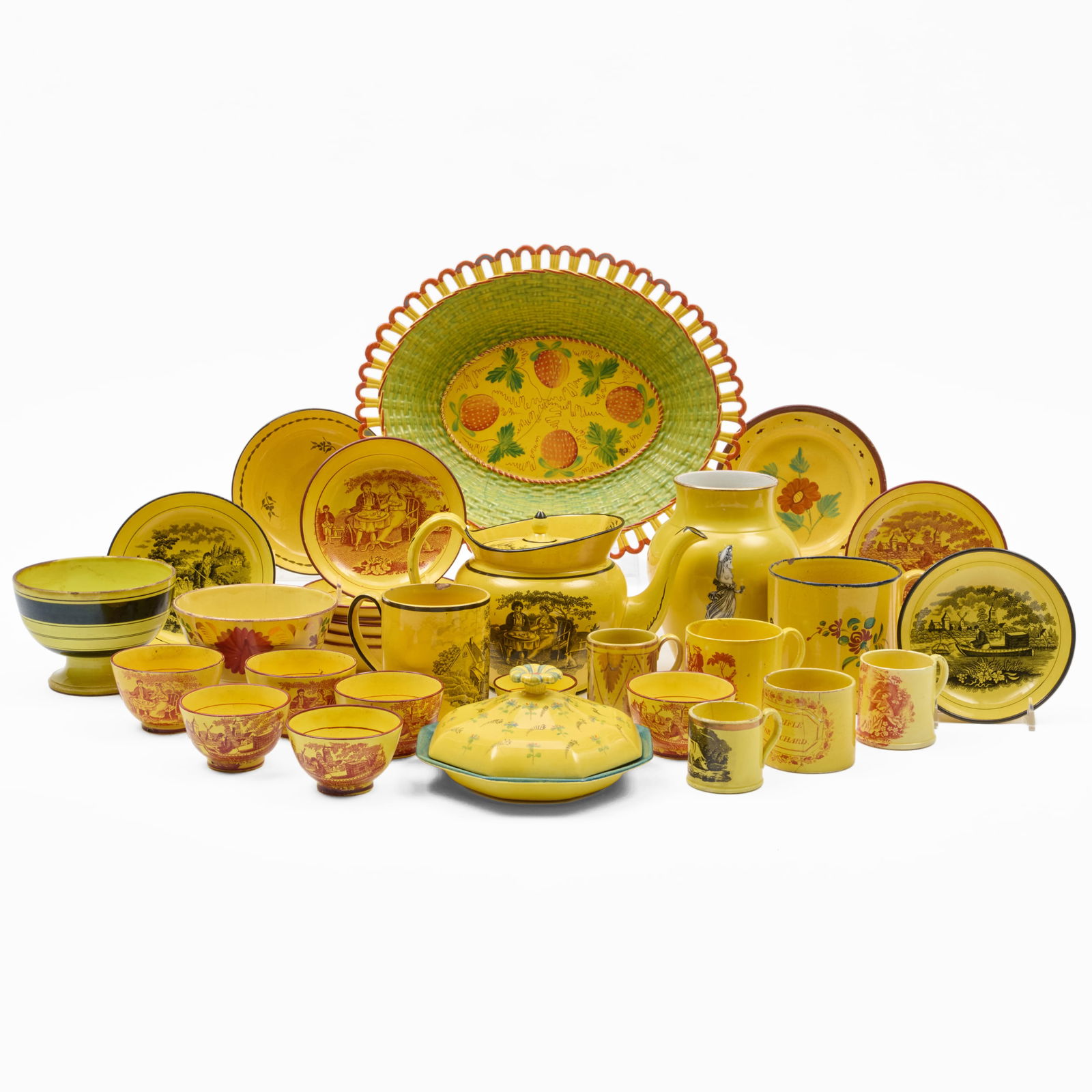 Group of French and English Yellow Ground Tablewares: Group of French and English Yellow Ground Tablewares Unmarked unless otherwise noted.Comprising:A transfer printed teapot and cover, probably SewellA lustre and iron red decorated waste bowlA Gie