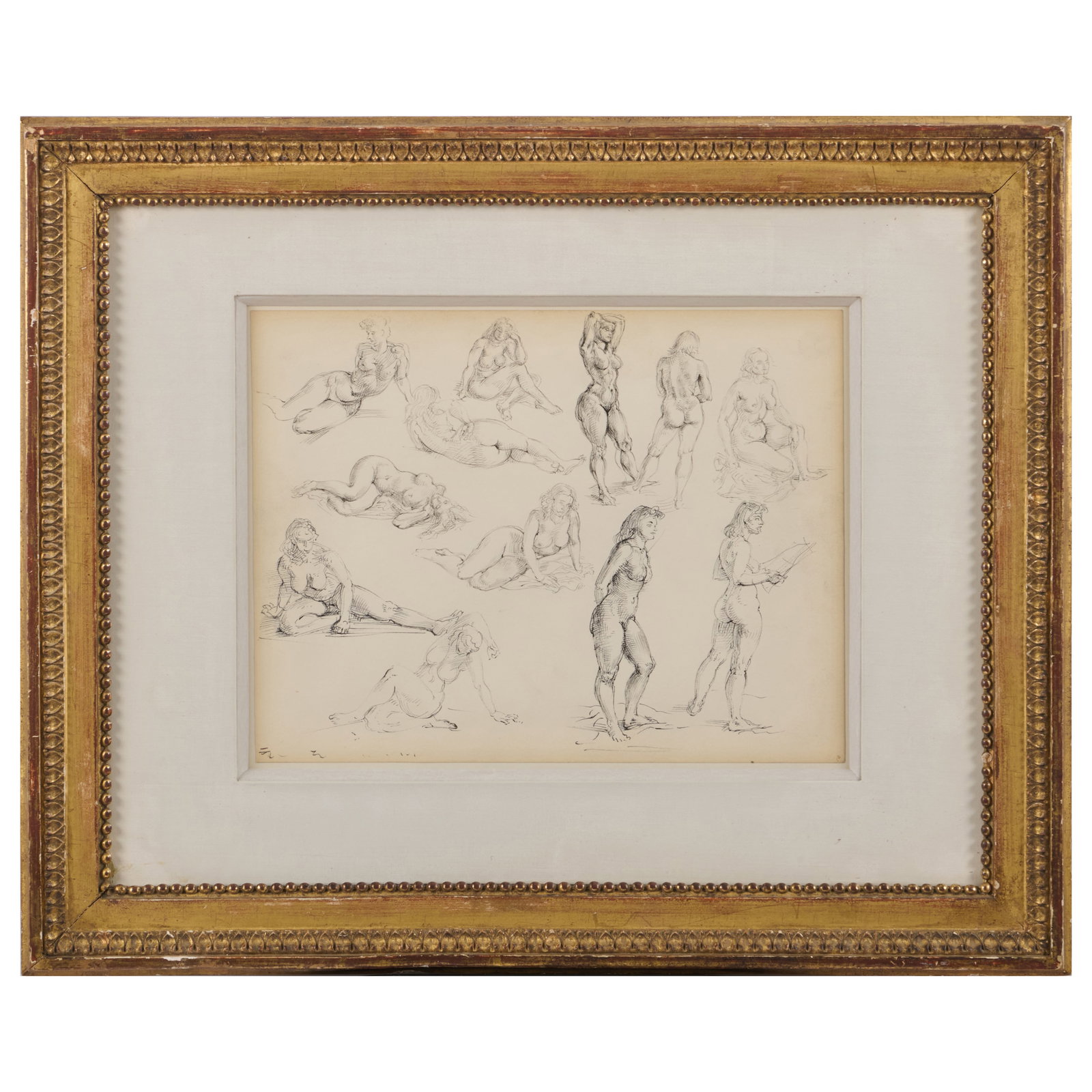 Reginald Marsh (1898-1954): Figures Studies: Reginald Marsh (1898-1954): Figures Studies Ink on paper, c. 1920, unsigned, with label from Hirschl & Adler Galleries, NY. 9 x 11 1/2 in. (sheet), 16 3/4 x 20 1/2 in. (frame). Hirschl & Adler Galleri