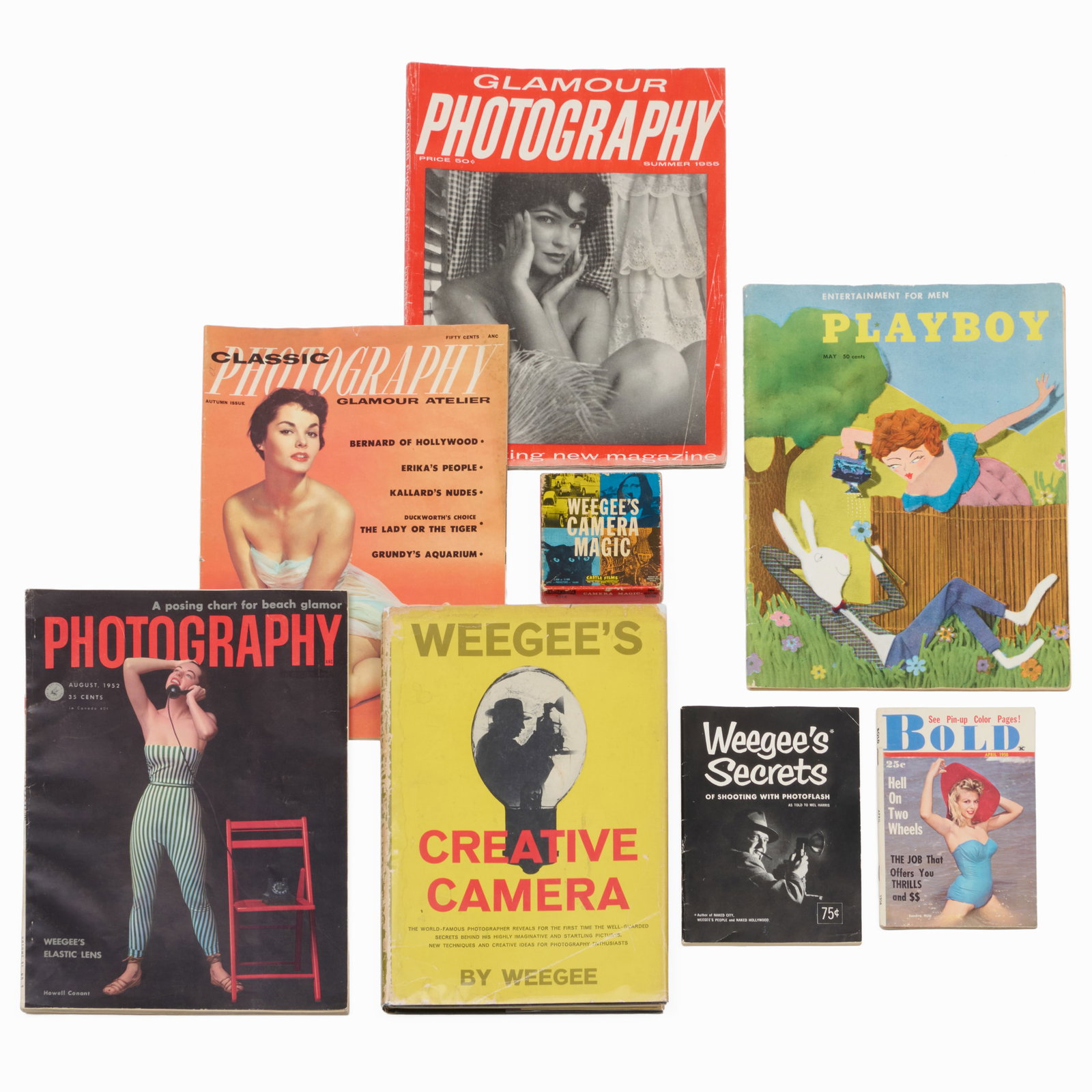 Group of Weegee Books and Ephemera: Group of Weegee Books and Ephemera Including: Weegee's Photoflash Secrets Poster, lithographic poster; Weegee's Creative Camera, the bound book, 1959; Weegee's Camera Magic, the roll of 8mm f