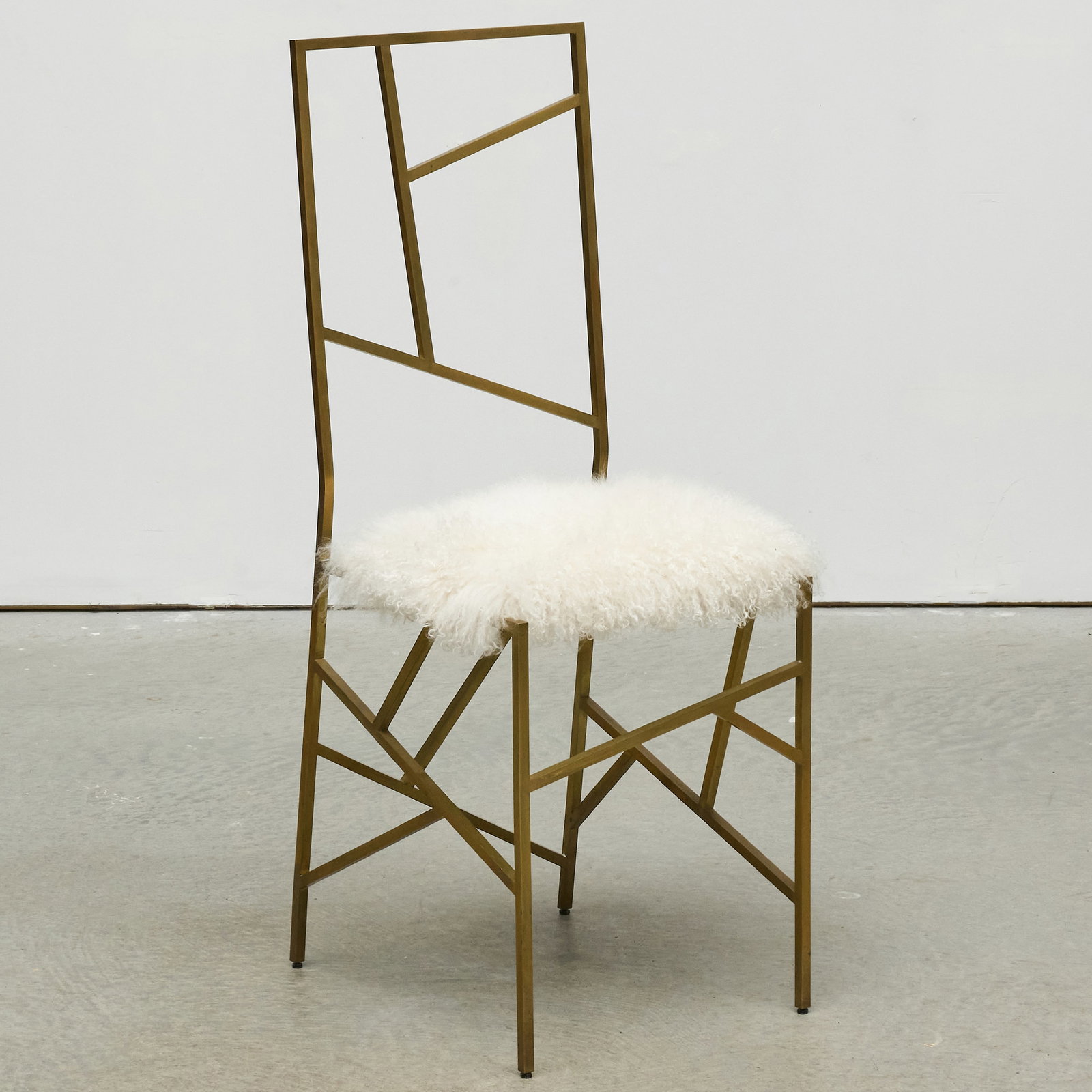 Modern Brass Side Chair with Sheepskin Upholstery: Modern Brass Side Chair with Sheepskin Upholstery 41 3/4 x 15 x 18 in., seat height 21 in.