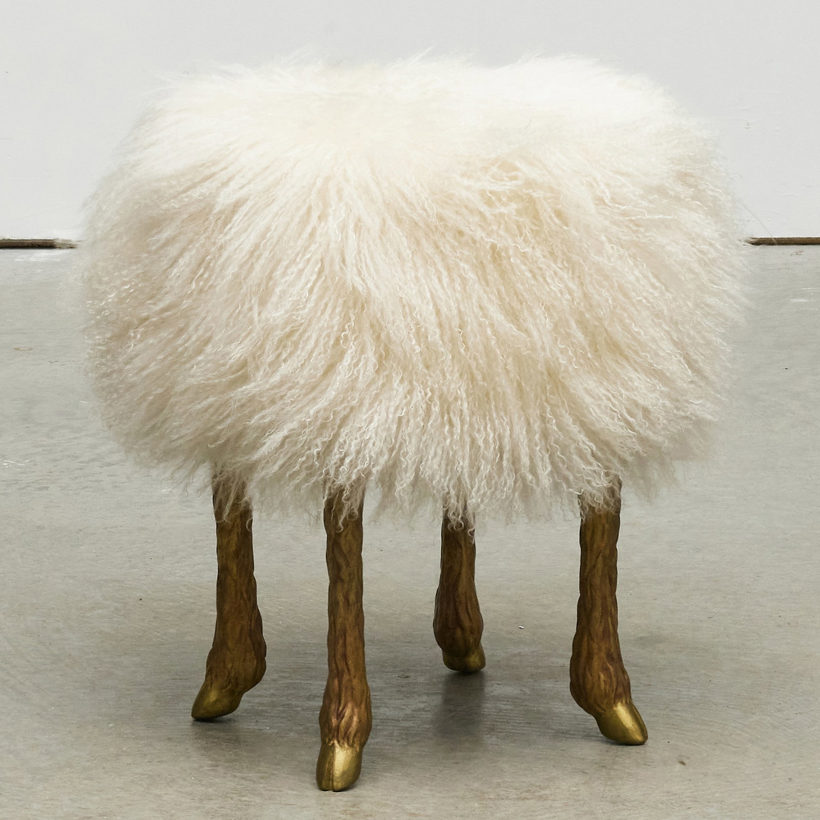 Marc Bankowsky Gilt-Bronze and Sheepskin Pieds de Bouc Stool: Marc Bankowsky Gilt-Bronze and Sheepskin Pieds de Bouc Stool Stamped MB. 20 x 16 in. diam.