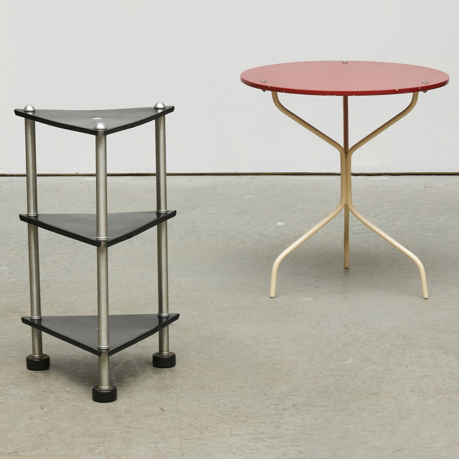 Modern Painted Metal and Wood Circular Occasional Table and a Painted Metal and Aluminum Triangular (1 of 7)