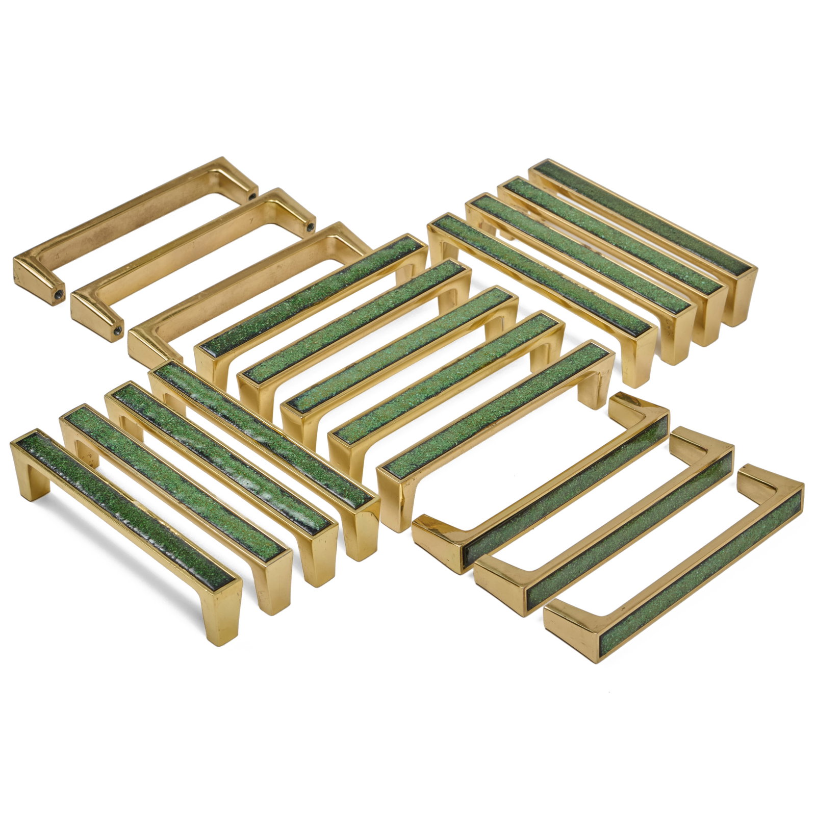 Set of Eighteen Modern Enameled Brass Handles: Set of Eighteen Modern Enameled Brass Handles Unmarked.1 x 4 x 1/4 in. Collection of Barbara Jakobson.