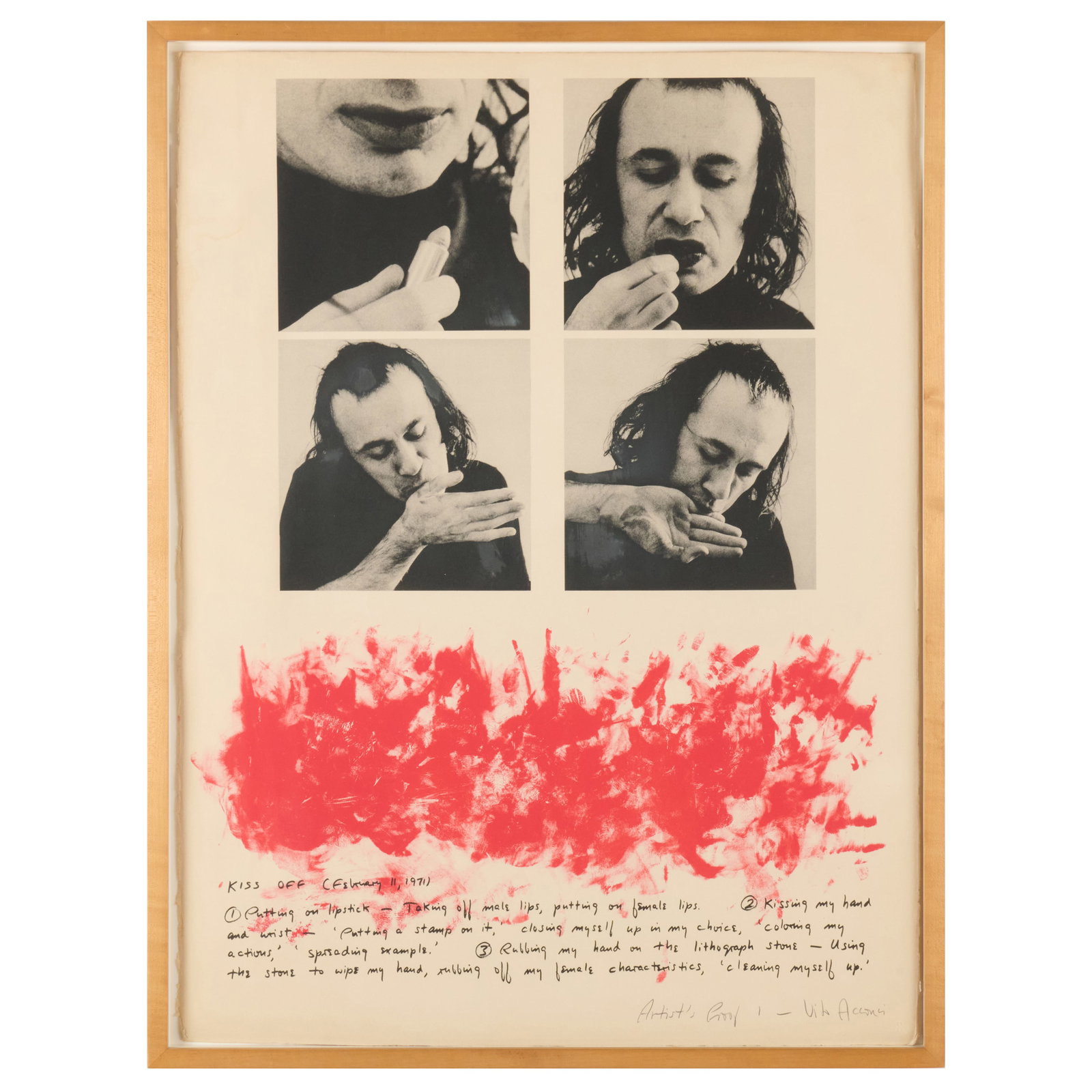 Vito Acconci (1940-2017): Kiss Off: Vito Acconci (1940-2017): Kiss Off Lithograph in colors on wove paper, 1971, signed and inscribed 'Artist Proof' in pencil (the edition was 50). 30 x 22 1/2 in. (sheet), 31 12 x 24 in. (frame).