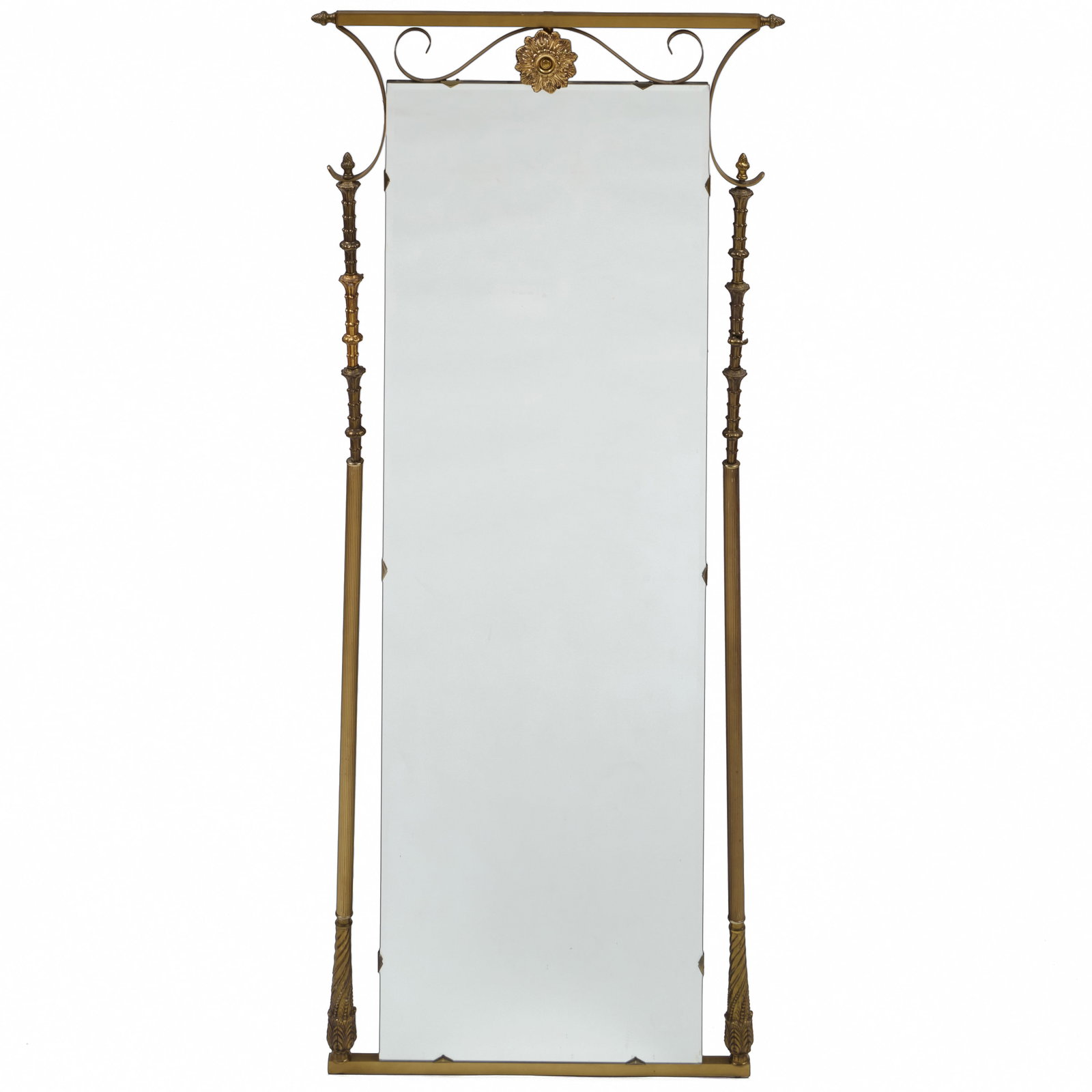 American Art Deco Brass and Patinated-Metal Mirror: American Art Deco Brass and Patinated-Metal Mirror 5 ft. 5 1/4 x 29 1/2 in. Collection of Barbara Jakobson.