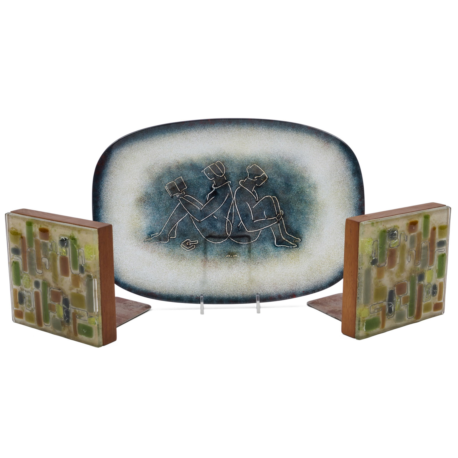 Maurice Heaton Enameled Glass Dish with Figures and a Pair of Mid Century Glass Book Ends (1 of 10)