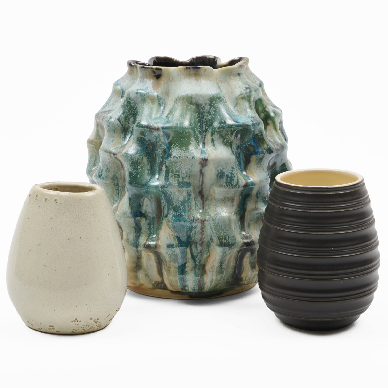 Narrow Land Pottery Lobed Vase, a Russel Wright Cream Glazed Pottery Vase, and a Poole Black Glazed (1 of 16)