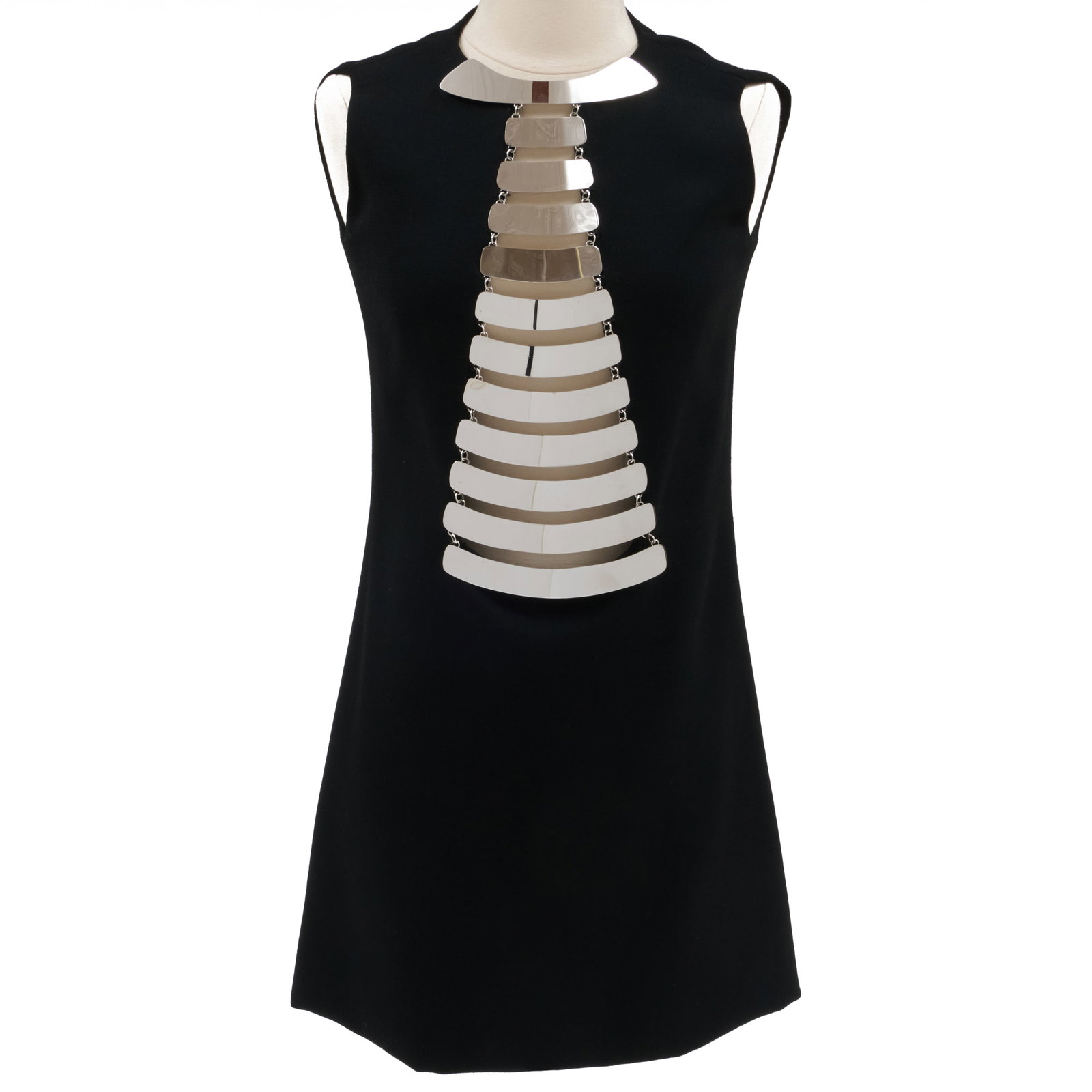 Pierre Cardin Black Wool Crepe and Chrome Ribcage Dress, 1969: Pierre Cardin Black Wool Crepe and Chrome Ribcage Dress, 1969 With a maker label and a union manufacturing label. Measured flat:Bust 16 1/2 in. Waist 16 1/4 in. Length 34 in. C
