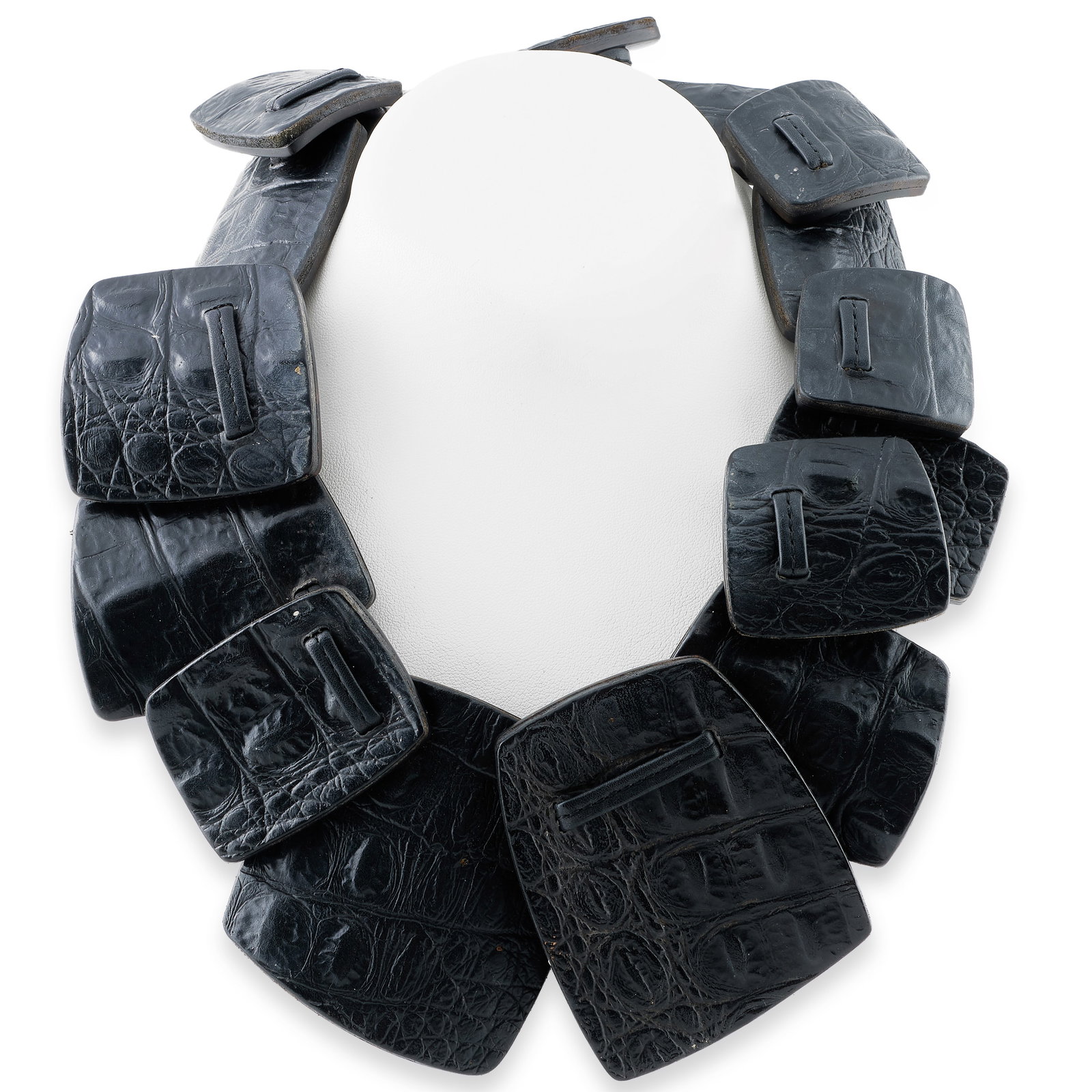 Monies Embossed Leather Faux Crocodile Necklace: Monies Embossed Leather Faux Crocodile Necklace With label.20 1/2 in. long. Collection of Barbara Jakobson.