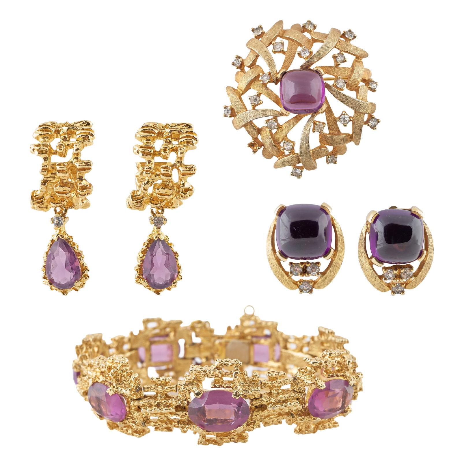 Two Groups of Faux Amethyst Costume Jewelry: Two Groups of Faux Amethyst Costume Jewelry Comprising:A Jumaz BroochA pair of Jumaz earclips, PAT.2583988A pair of Panette earclipsA Panetta braceletBracelet 7 in., brooch 2 in. diam. Collection of