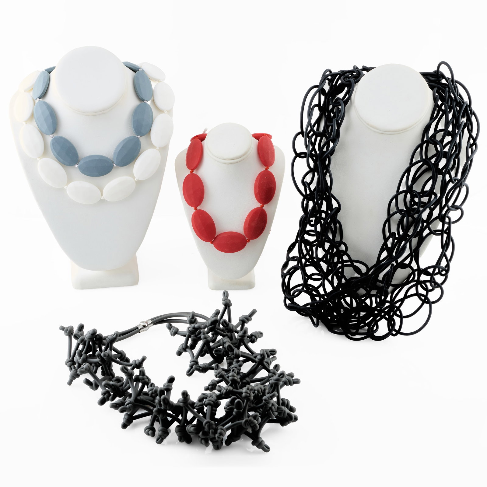 Group of Five Rosanna Contadini for Neo Design Neoprene Art Necklaces: Group of Five Rosanna Contadini for Neo Design Neoprene Art Necklaces Comprising:A light grey faceted necklaceA red faceted necklaceA white faceted necklaceA grey knot necklaceA black loop