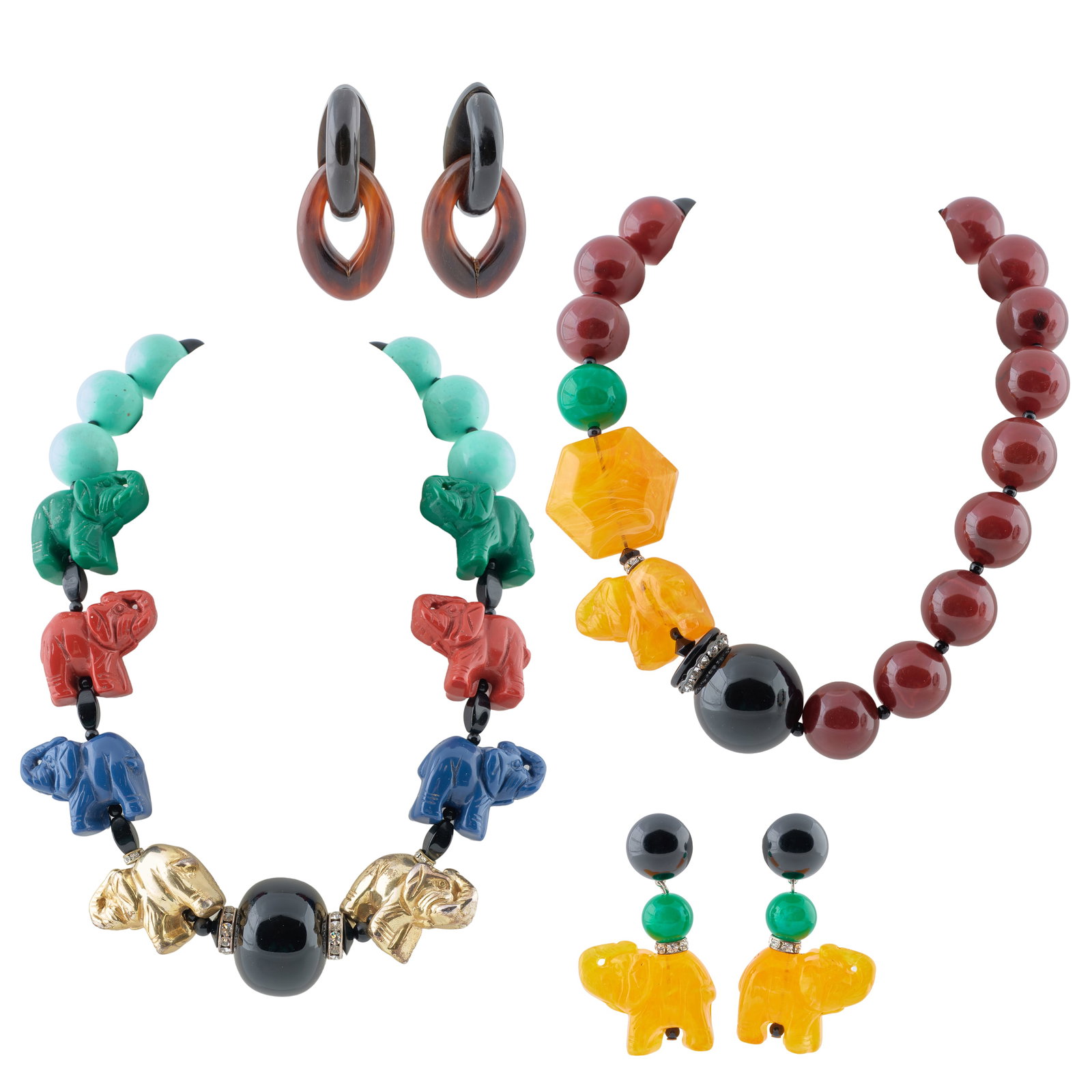 Group of Beaded Jewelry with Elephants: Group of Beaded Jewelry with Elephants Comprising:A pair of earringsA pair of earclipsTwo necklacesNecklaces approx. 19 in. each. Collection of Barbara Jakobson.