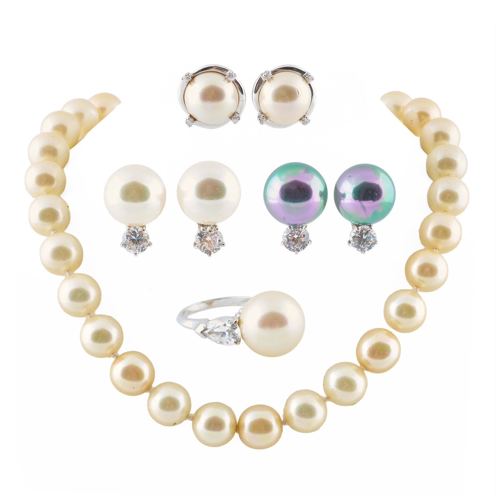 Group of Pearl and Stone Costume Jewelry: Group of Pearl and Stone Costume Jewelry ComprisingA necklaceA ringTwo pairs of earclipsNecklace 27 in., ring size 7 1/2. Collection of Barbara Jakobson.