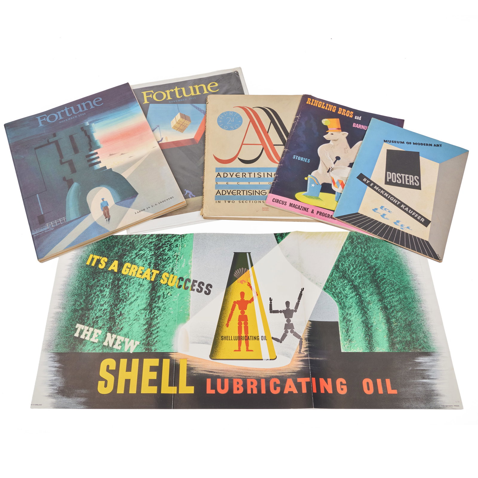 Group of McNight Kauffer Printed Ephemera: Group of McNight Kauffer Printed Ephemera Including: It's a Great Success - The New Shell Lubricating Oil, 1937, lithographic poster; The Museum of Modern Art: Posters by E McKnight Kauffer, 1937; For