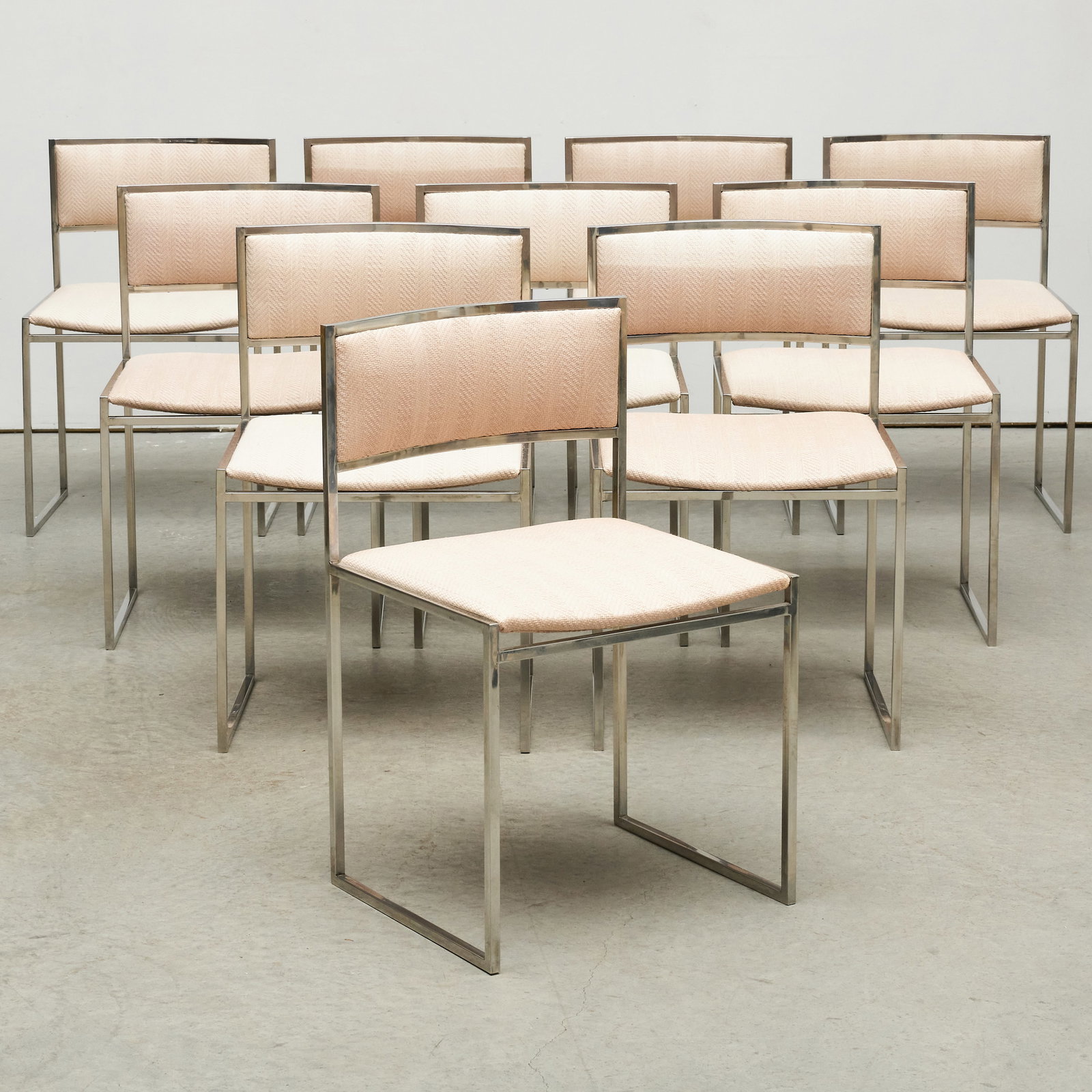 Set of Ten Stainless Steel and Woven Straw Upholstered Side Chairs, Attributed to Willy Rizzo (1 of 7)