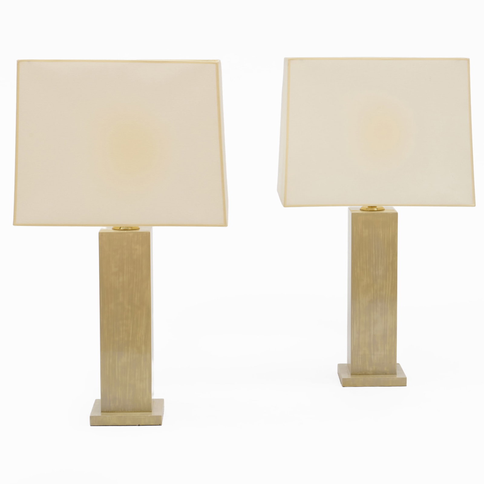 Pair of Lacquer Table Lamps: Pair of Lacquer Table Lamps Together with a pair of rectangular shades.The lamps 22 x 5 1/2 x 5 1/2 in. (to socket), 28 x 15 1/2 x 14 1/2 in. (overall). The Collection of a Peter Marino Designed Inter