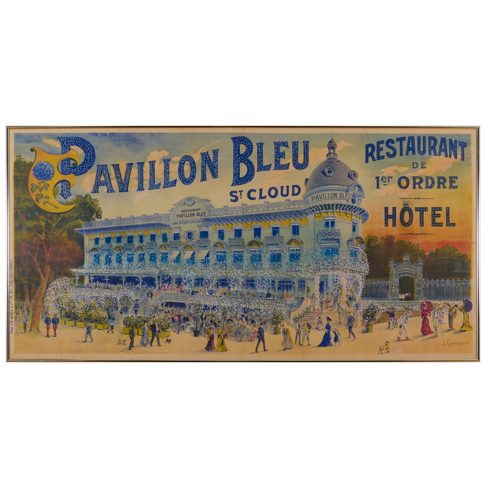 Louis Charbonnier (1874-1935): Le Pavillion Bleu, Saint Cloud: Louis Charbonnier (1874-1935): Le Pavillion Bleu, Saint Cloud Lithographic poster with hand-additions. 37 3/4 x 76 1/4 in. (sight), 38 1/2 x 77 in. (frame).