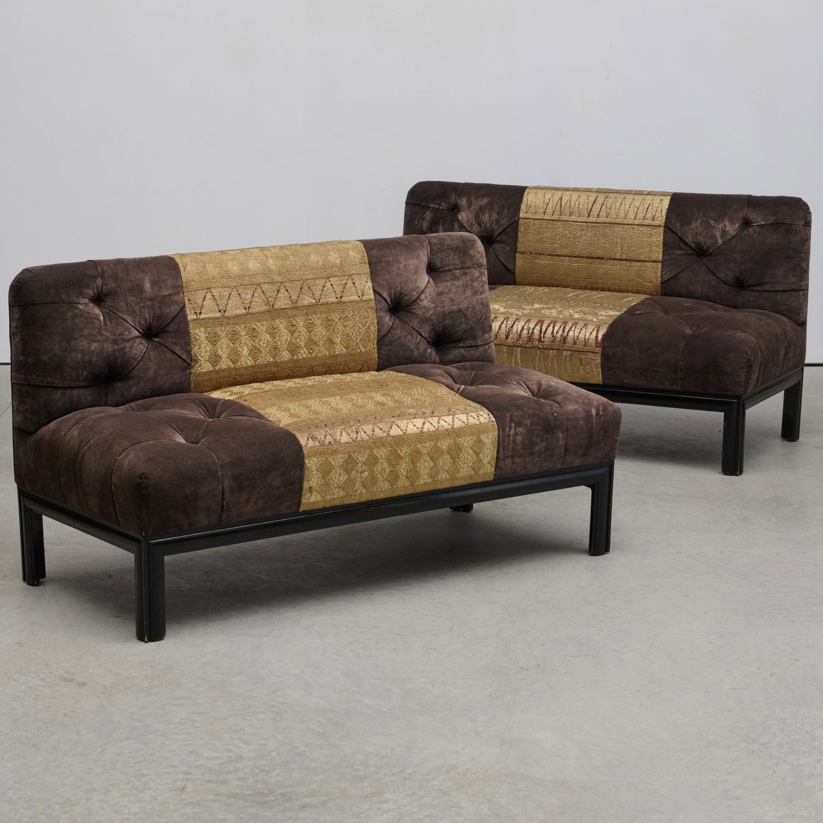 Pair of Custom Tufted Velvet and Metallic Upholstered Banquettes, Designed by Peter Marino: Pair of Custom Tufted Velvet and Metallic Upholstered Banquettes, Designed by Peter Marino 33 1/2 x 5 ft. 2 x 32 in., seat height 17 in. The Collection of a Peter Marino Designed Interior, New York.