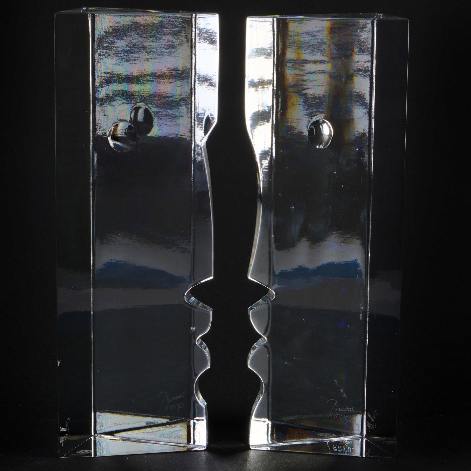 Pair of Robert Rigot for Baccarat Glass 'Encounter Man and Woman' Sculpture: Pair of Robert Rigot for Baccarat Glass 'Encounter Man and Woman' Sculpture Signed in etch and with acid stamp.Each 10 3/8 x 3 3/4 x 2 7/8 in.