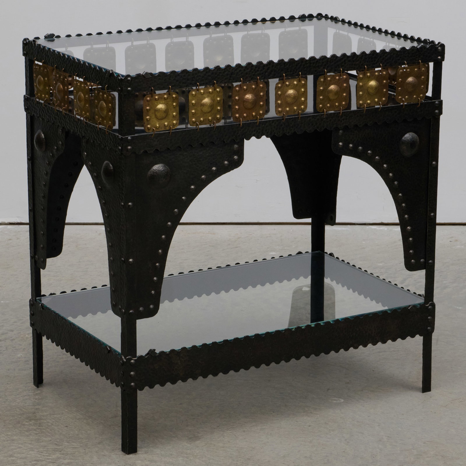 Secessionist Style Hammered Metal and Brass Bar/Table: Secessionist Style Hammered Metal and Brass Bar/Table Fitted with a glass top and lower shelf. 33 x 32 x 20 in. The Collection of a Peter Marino Designed Interior, New York.