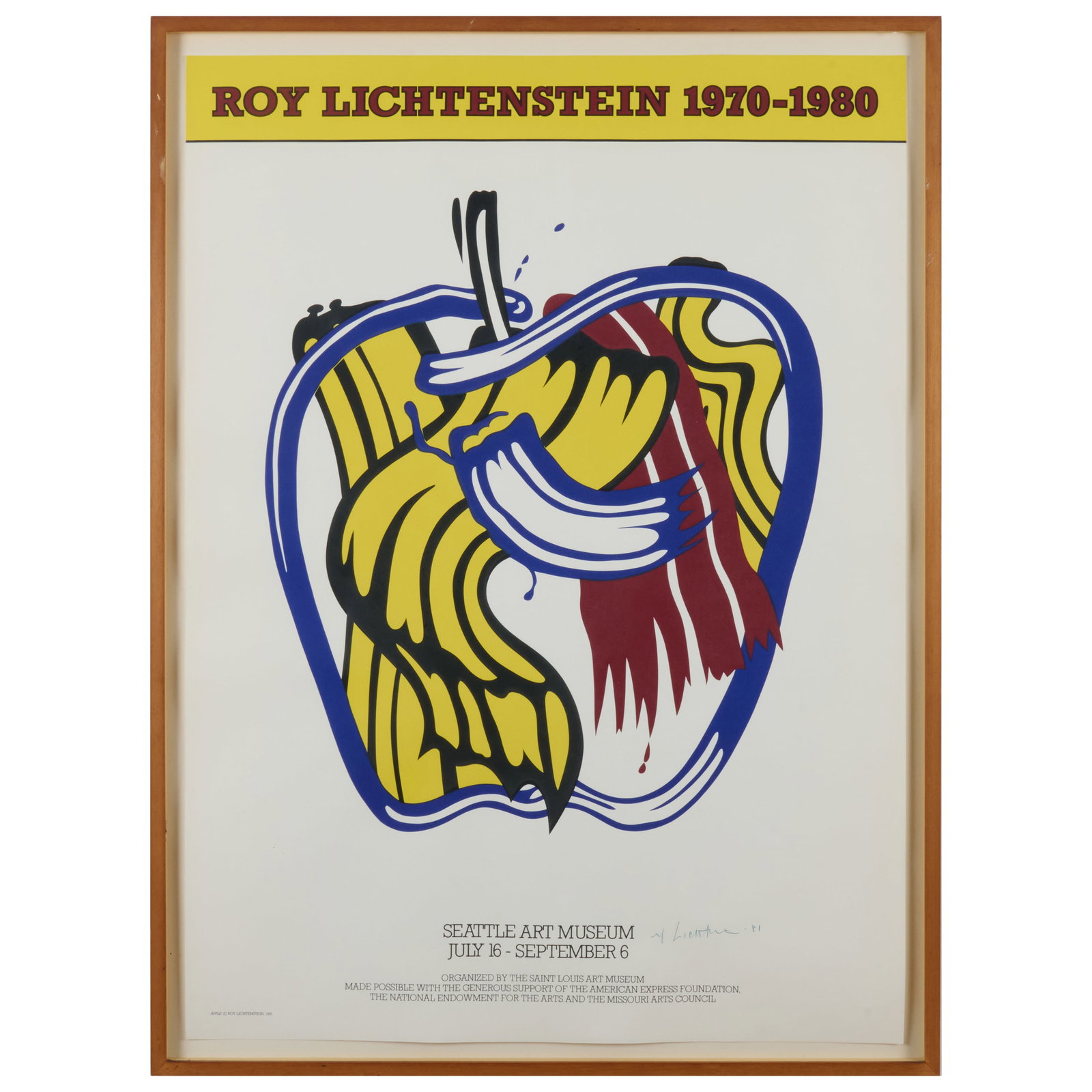 Roy Lichtenstein (1923-1997): Seattle Art Museum Poster: Roy Lichtenstein (1923-1997): Seattle Art Museum Poster Offset lithographic poster, 1981, signed and dated in ink. 35 x 25 1/4 in. (sheet), 37 1/4 x 27 3/4 in. (frame). Property of a Lady, Upper East