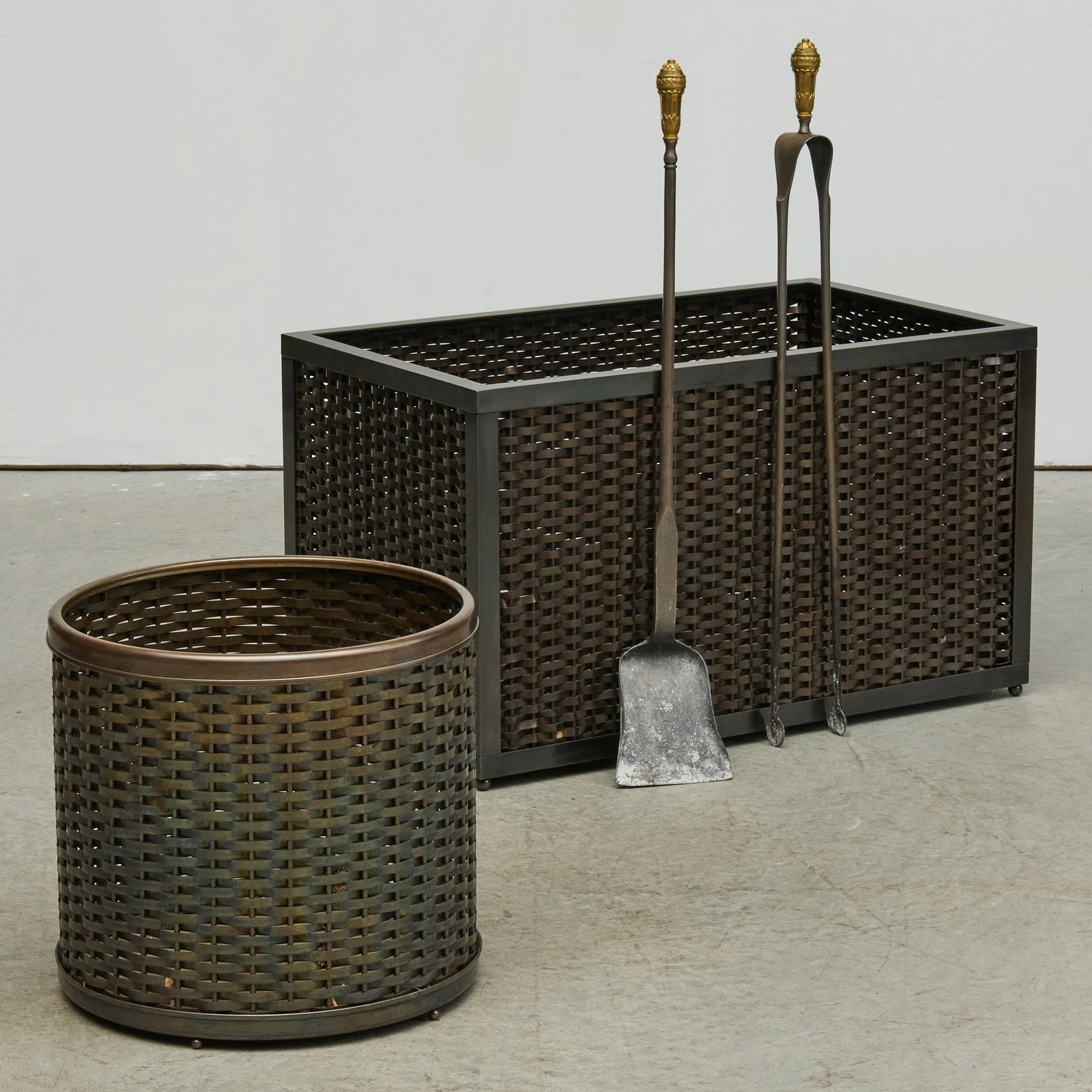 Circular Woven Bronze Kindling Bucket and a Rectangular Woven Bronze Wood Bin (1 of 8)