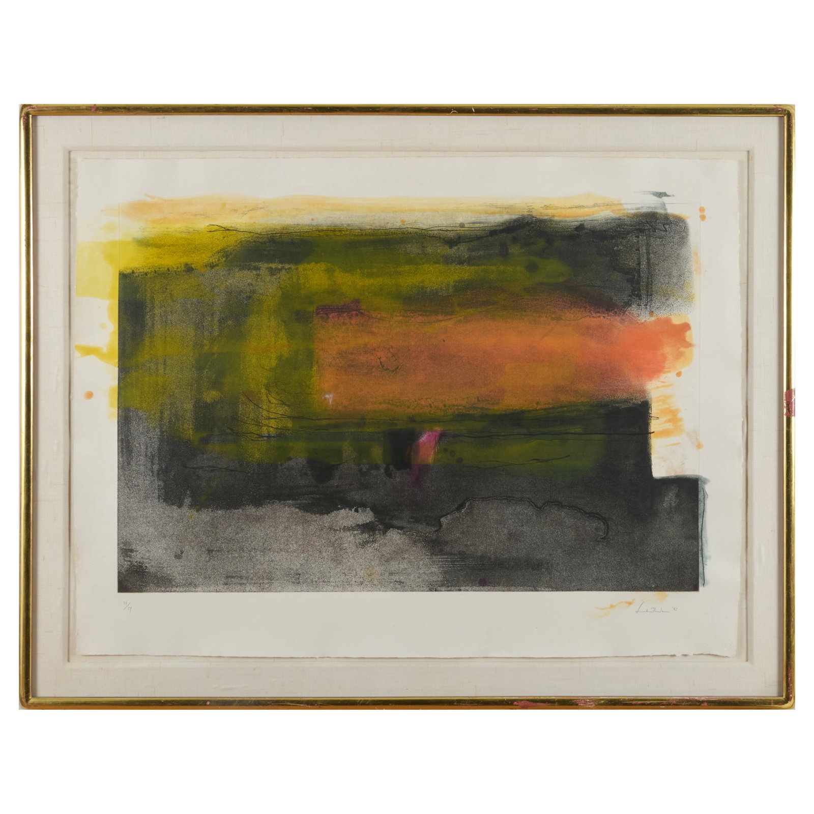 Helen Frankenthaler (1928-2011): Deep Sun: Helen Frankenthaler (1928-2011): Deep Sun Etching, engraving, and aquatint in colors on Chine, 1983, signed and dated in pencil, numbered 14/54, with label from The Harcus Gallery, Boston. 30 x 40 in.