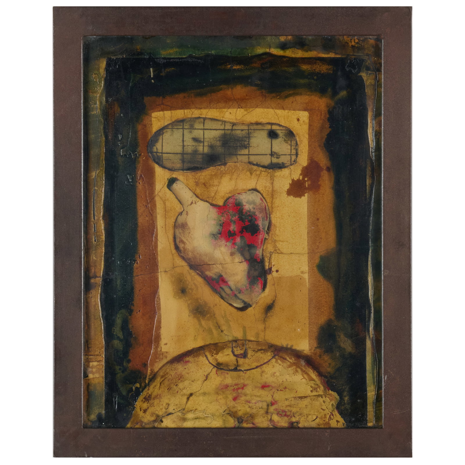 Kris Cox (b. 1951): Heart & Soul #17, from the Retellings Series: Kris Cox (b. 1951): Heart & Soul #17, from the Retellings Series Mixed media on mylar on wood panel, 1990, signed 'Kris Cox', titled and dated on the reverse. 15 x 12 in. (overall with frame). The art