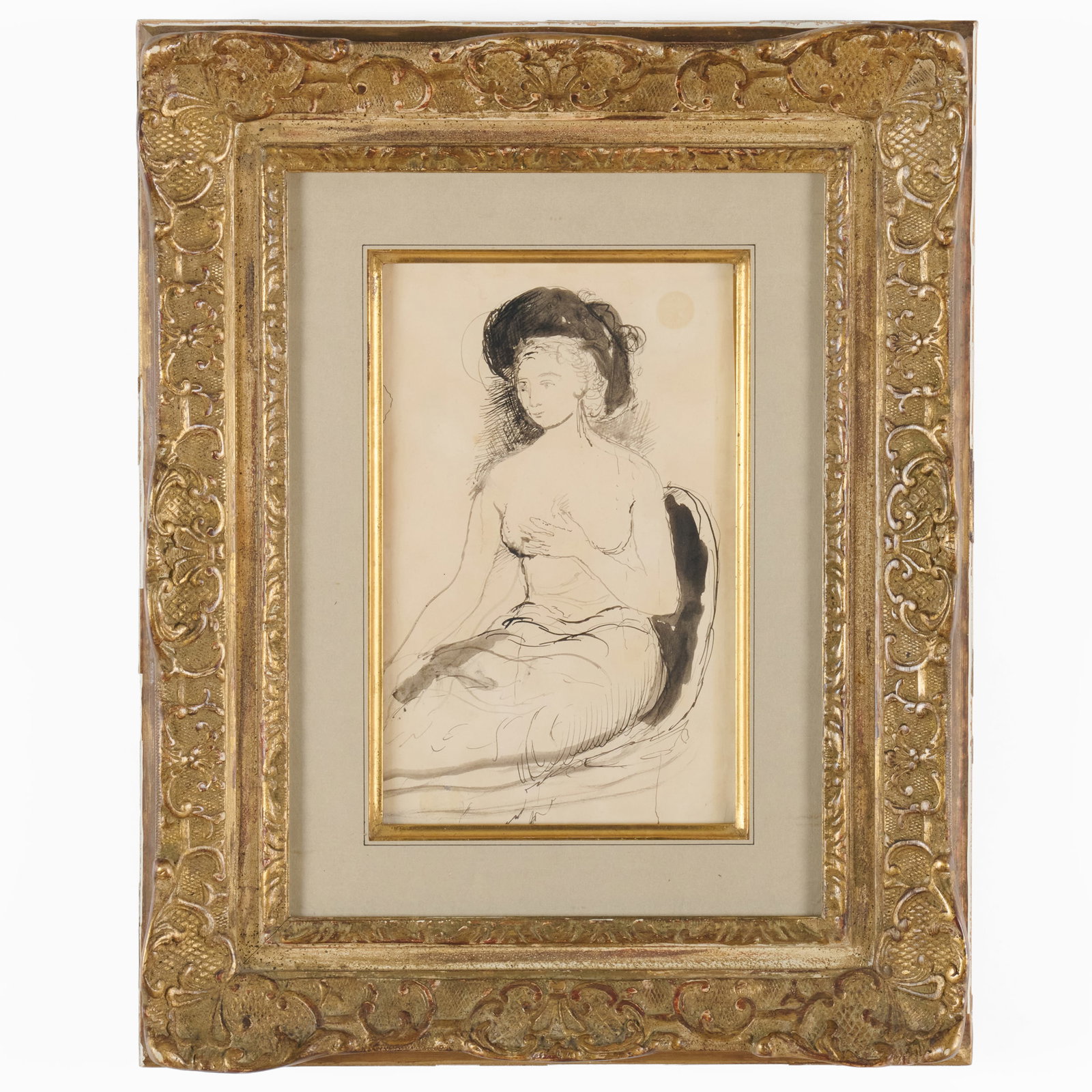 Paul Delvaux (1897-1994): Jeune femme assise: Paul Delvaux (1897-1994): Jeune femme assise Ink and wash on paper, unsigned, with label from Connaught Brown, London. 9 6/8 x 6 1/8 in. (sheet), 17 x 13 1/2 in. (frame). Exhibited: Ministere de l'Edu