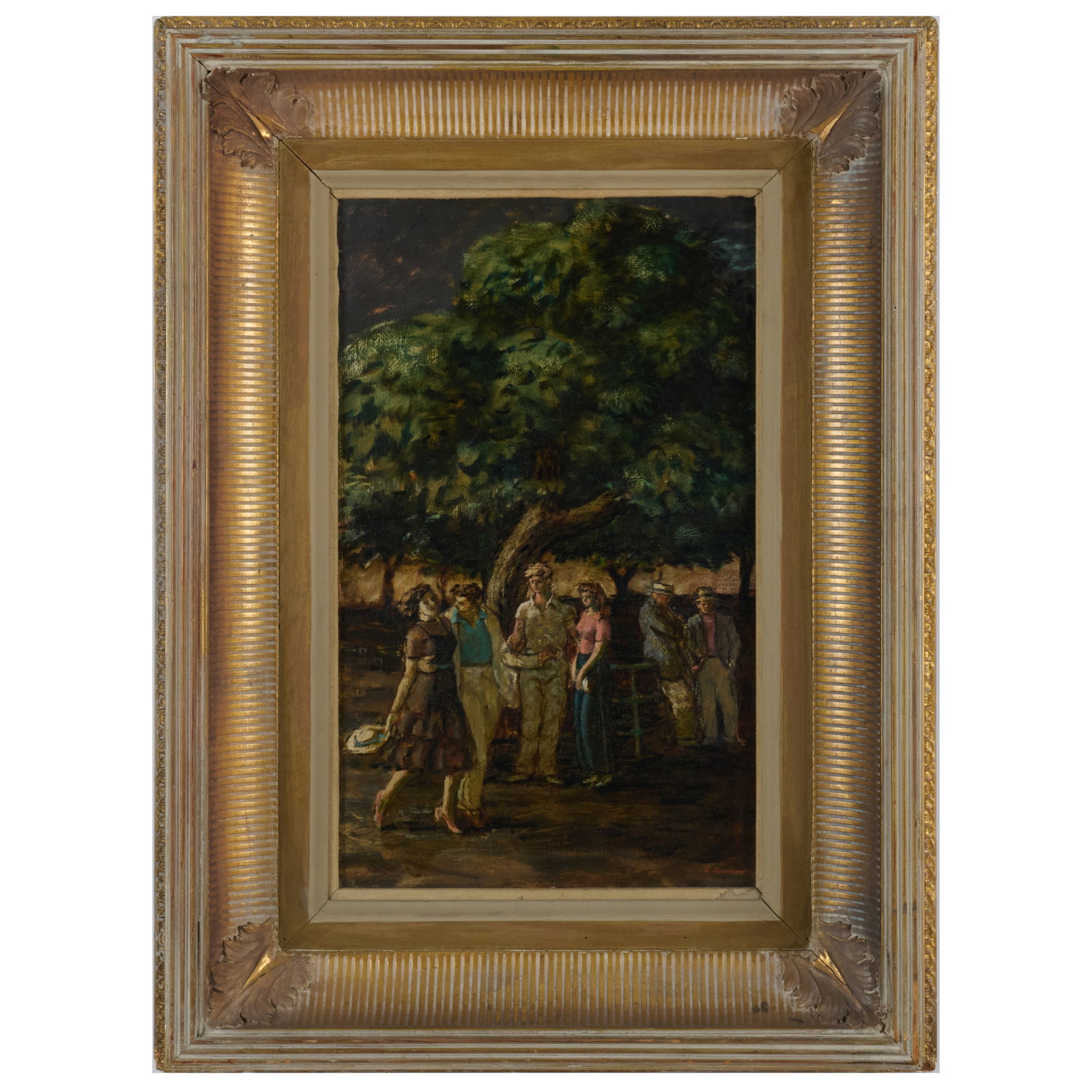 Lee Jackson (1909-2002): Park in Summer: Lee Jackson (1909-2002): Park in Summer Oil on wood, 1940, signed 'L. Jackson' lower right, with a sketch inscribed 'by Lee Jackson' and titled on a partial paper label on the reverse, with label