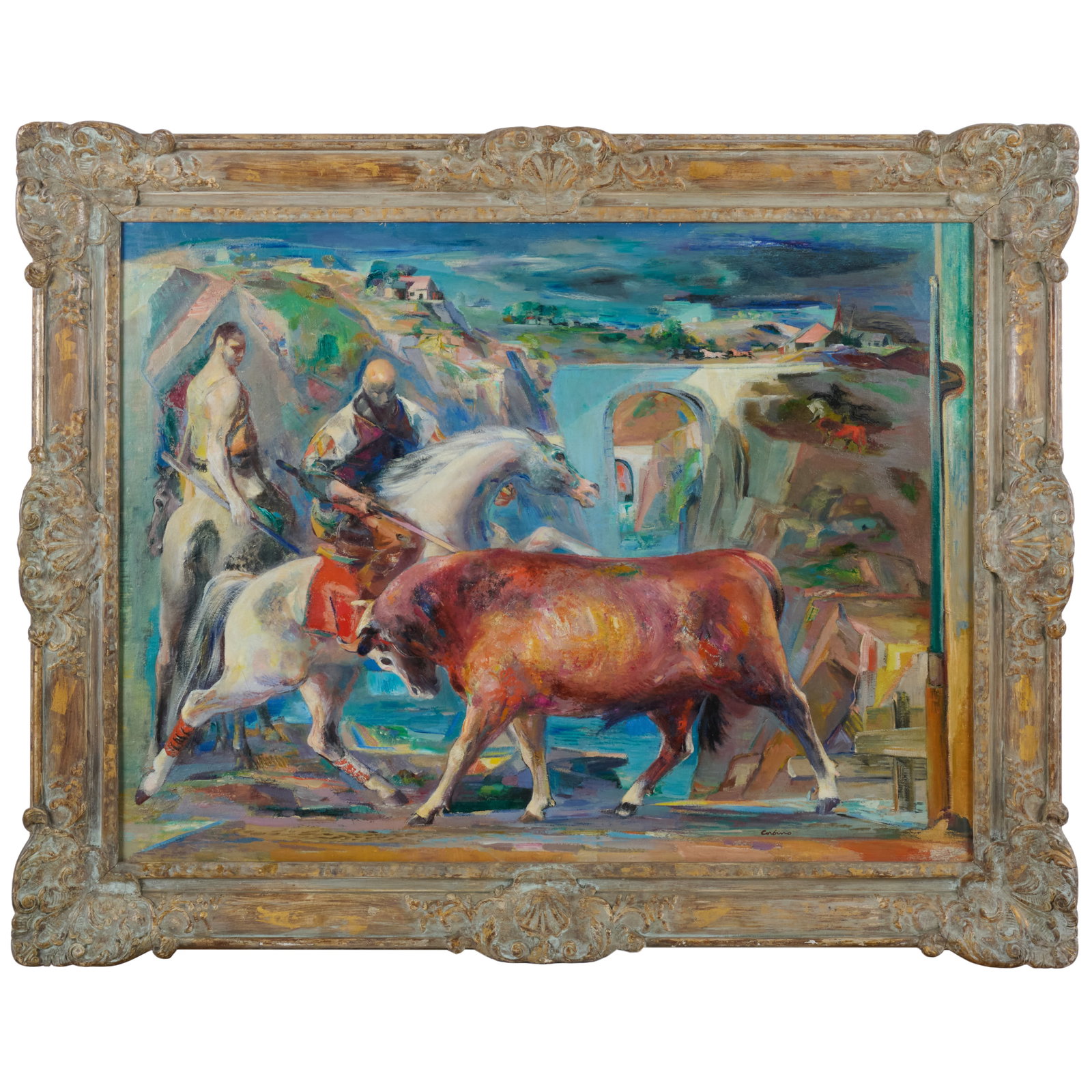 Jon Corbino (1905-1964): Bull in Quarry: Jon Corbino (1905-1964): Bull in Quarry Oil on canvas, 1942-51, signed 'Corbino' lower right. 30 1/8 x 40 1/8 x 1 in., 40 x 48 in. (frame). Note: According to a letter written by the artist,
