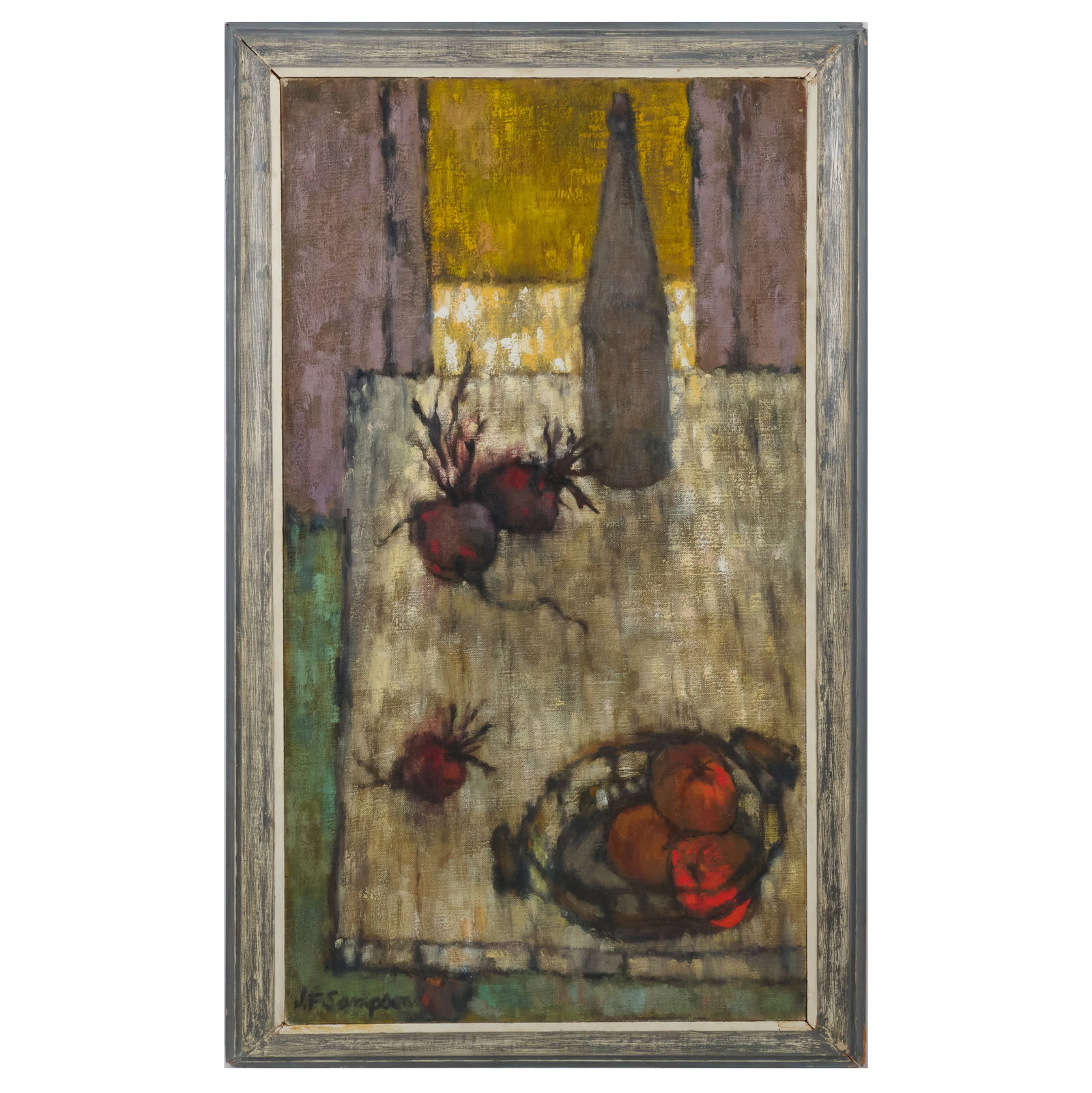 Franklin J. Sampson (b. 1928): Still Life with Red Vegetables: Franklin J. Sampson (b. 1928): Still Life with Red Vegetables Oil on canvas, 1953, signed 'J. F Sampson' lower left, with label from Walker Art Center, Minneapolis. 36 x 20 in., 41 1/2 x 25 in.