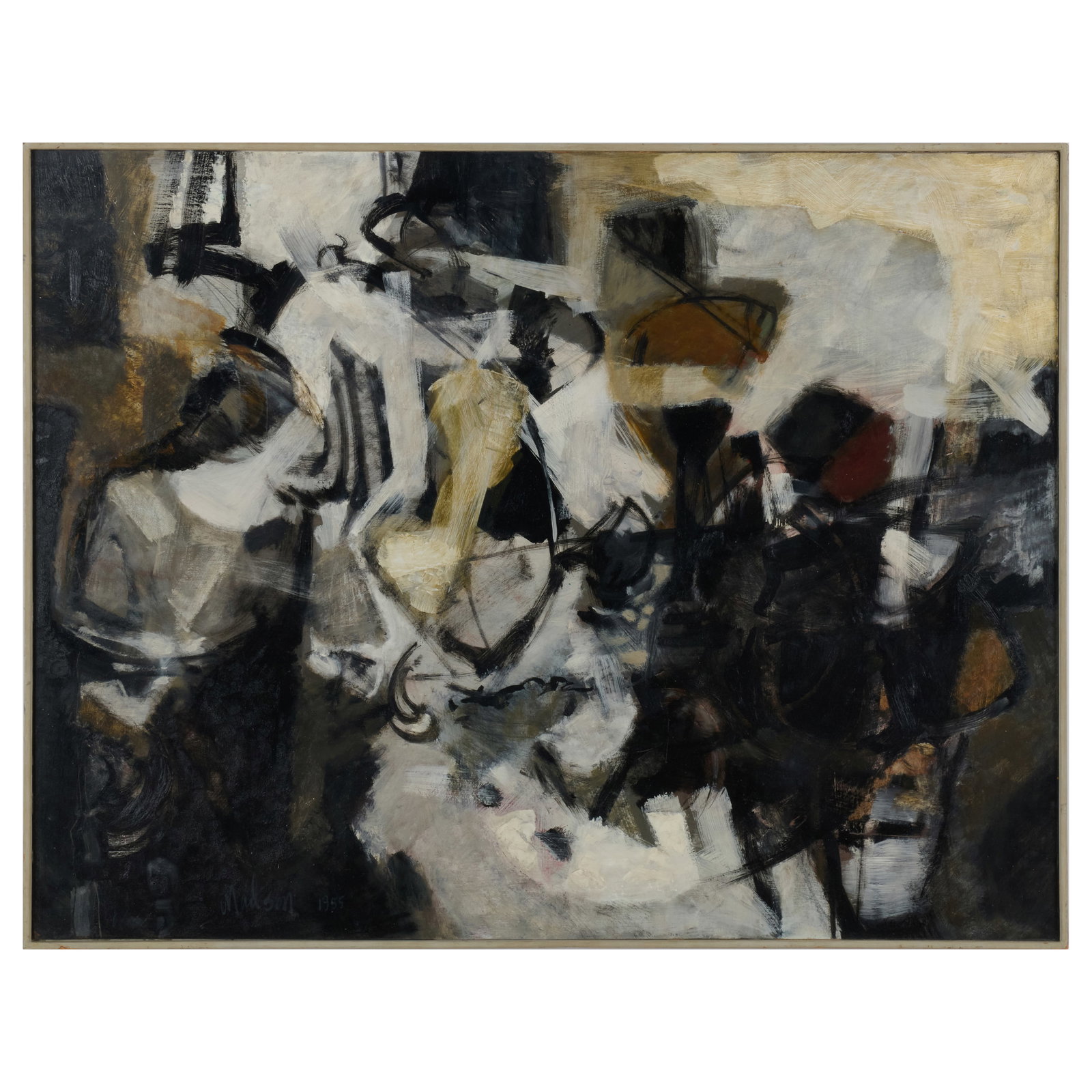 Jack Madson (1927-2013): The Pursuit: Jack Madson (1927-2013): The Pursuit Oil on Masonite, 1955, signed 'Madson' and dated lower left, with label from Walker Art Center, Minneapolis. 25 x 33 in., 26 1/2 x 34 1/2 in. (frame). Gift of the