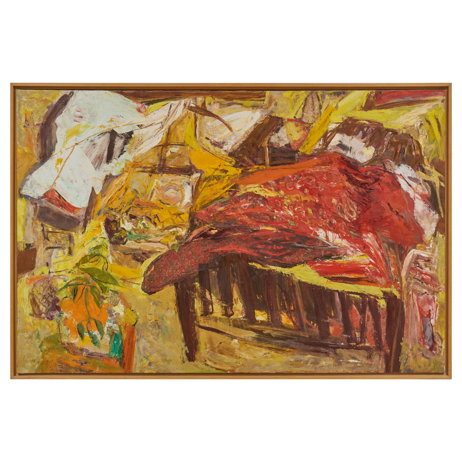 Carol Hoorn Fraser (1930-1991): The Sun Rising: Carol Hoorn Fraser (1930-1991): The Sun Rising Oil on canvas with fabric collage, 1960, signed 'C. Fraser' upper right, with label from Walker Art Center, Minneapolis. 50 1/2 x 76 1/4 in., 52 3/4 x