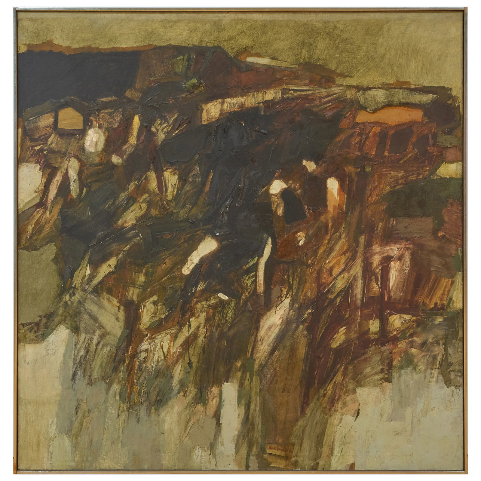 Byron Leslie Burford (1920-2011): Figures in Black Landscape: Byron Leslie Burford (1920-2011): Figures in Black Landscape Oil on canvas, 1960, signed 'Byron Burford' and dated lower center, signed and inscribed 'Woodmansterne Bansteade, Surrey' on the