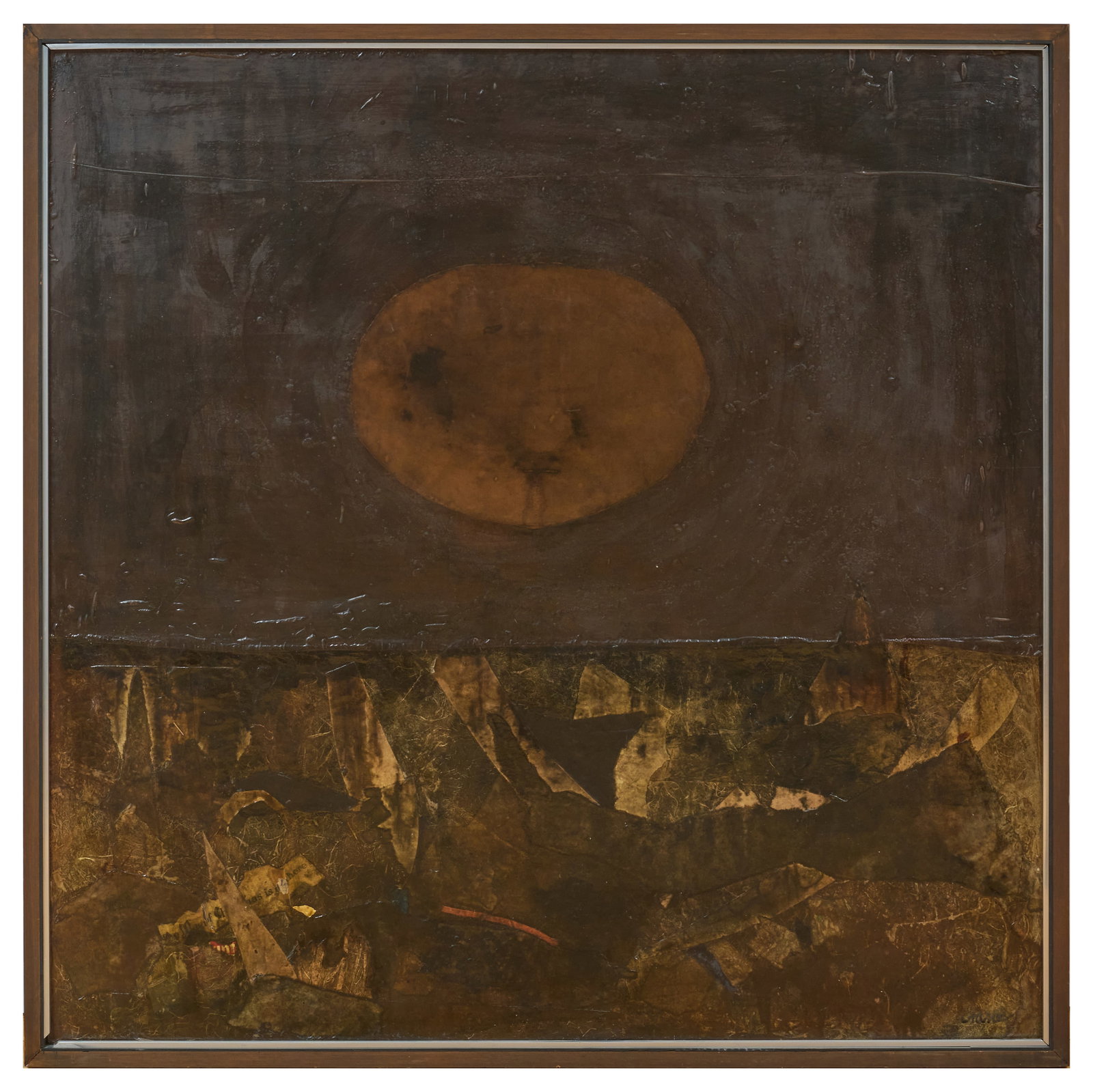 James Crane: Valley of Dry Bones: James Crane: Valley of Dry Bones Automotive lacquer, oil paint, dry pigment on Japanese paper and cloth on Masonite, 1962, signed 'Crane' lower right, with label from Walker Art Center, Minneapolis.