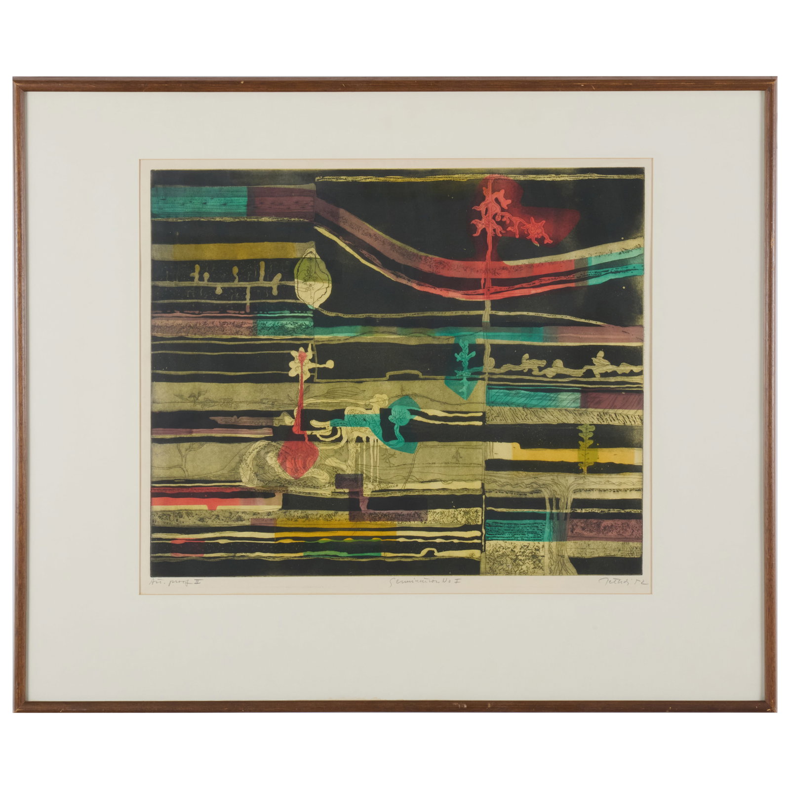 Gabor Peterdi (1915-2001): Germination No. I: Gabor Peterdi (1915-2001): Germination No. I Etching in colors on wove paper, 1952, signed, titled, dated and inscribed 'Art. proof II' in pencil. 19 1/2 x 24 in. (plate), 31 x 37 1/4 in. (frame).