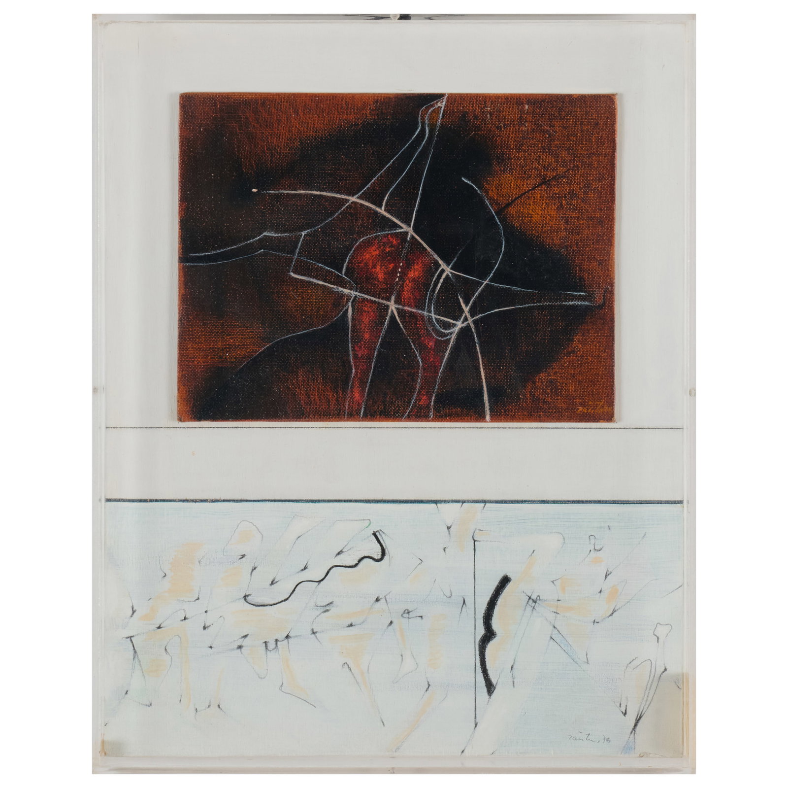 Enrique Zanartu (1921-2000): Untitled: Enrique Zanartu (1921-2000): Untitled Oil on canvas mounted on wood with oil and pencil, 1978, both elements signed 'Zanatru' and dated lower right. 13 1/2 x 10 3/4 in. (overall in Plexiglas box