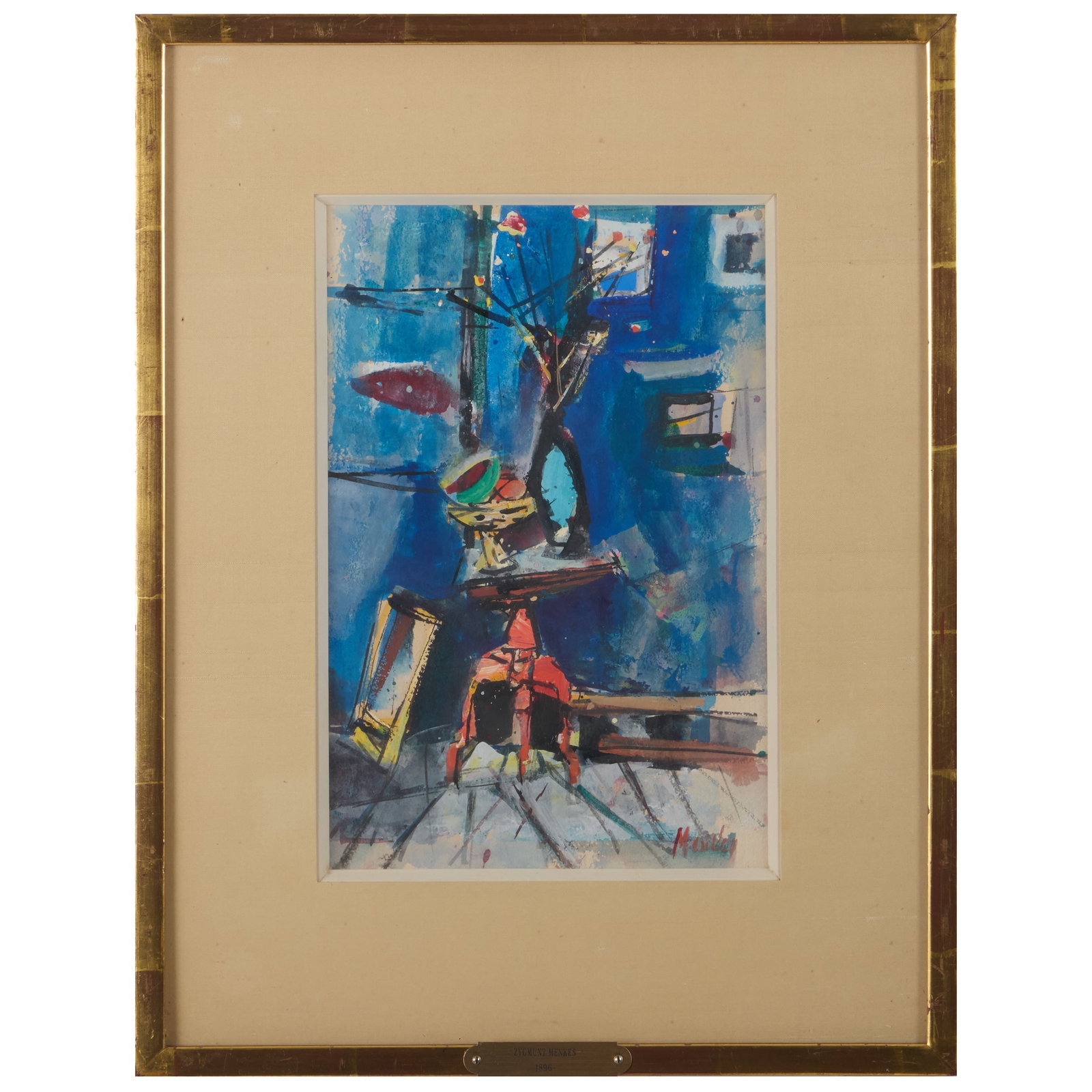 Zygmunt Menkes (1896-1986): Fleurs d'automne sur fond bleu: Zygmunt Menkes (1896-1986): Fleurs d'automne sur fond bleu Watercolor on paper, signed 'Menkes' lower right. 11 3/4 x 7 3/4 in. (sight), 19 x 14 1/2 in. (frame).