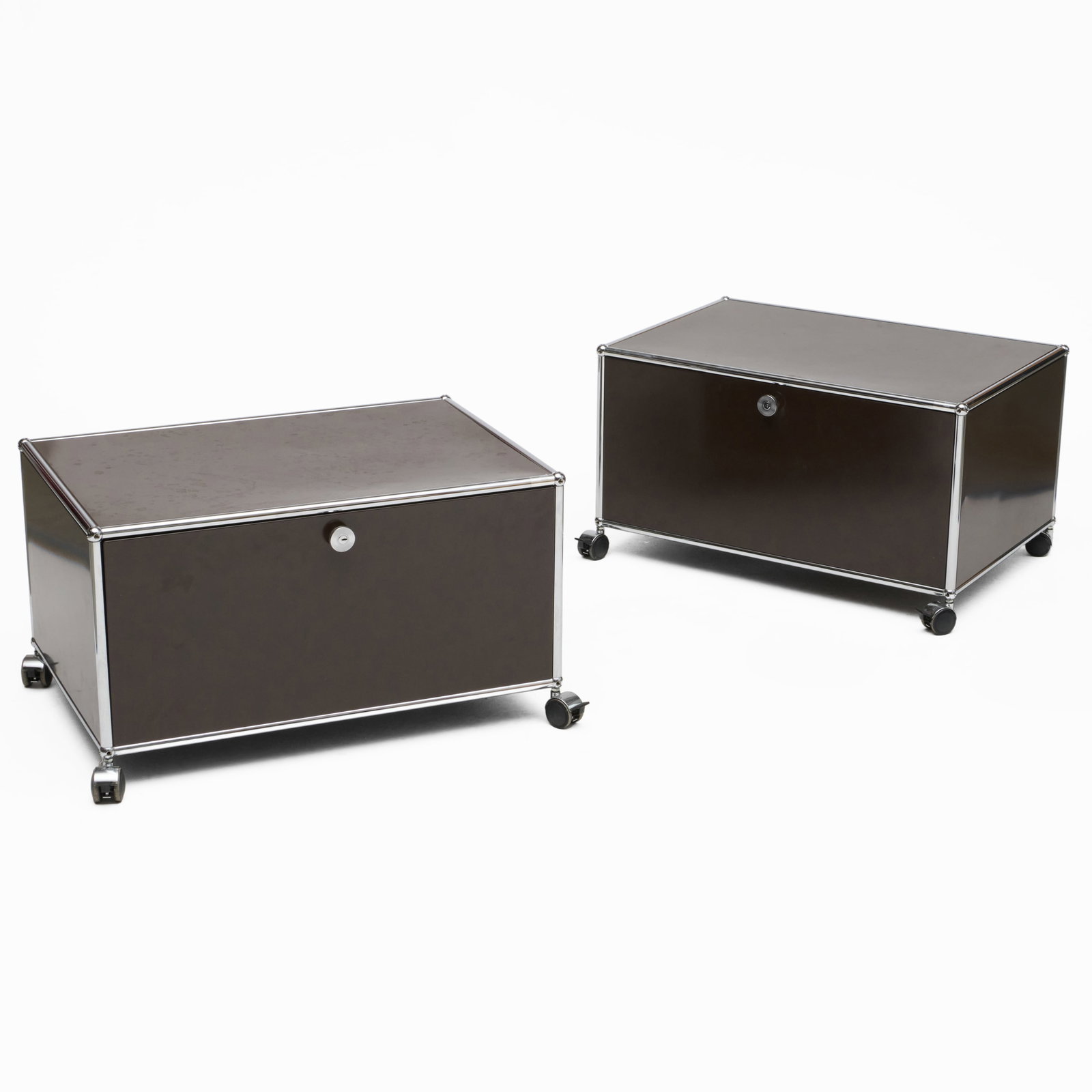 Pair of Haller USM Brown Enameled Metal and Chrome Rolling Low Cabinets: Pair of Haller USM Brown Enameled Metal and Chrome Rolling Low Cabinets One fitted with a drawer, the other with a drop-front panel and interior shelf.17 x 30 1/2 x 20 1/2 in. Collection of Nancy McCl