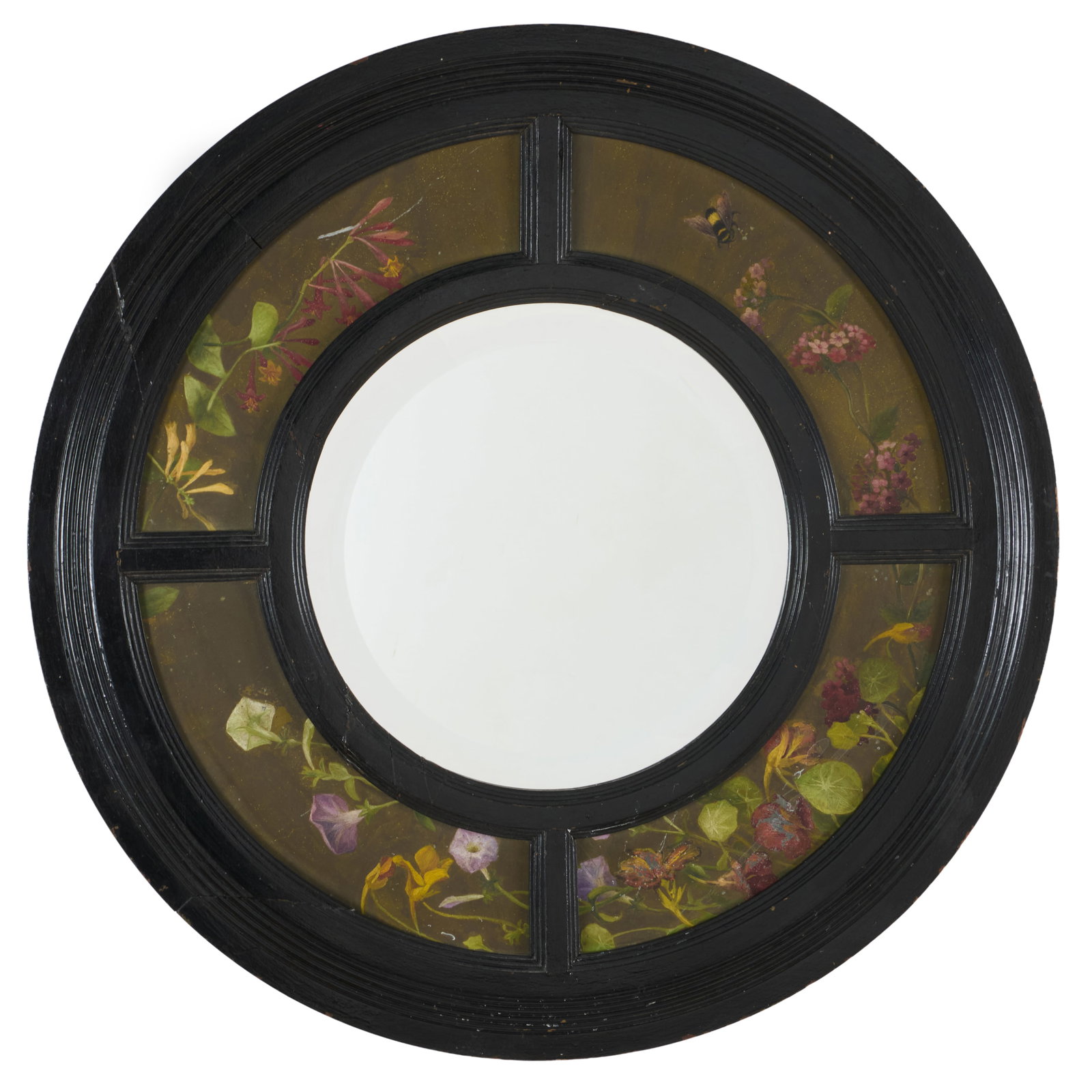 Aesthetic Movement Polychrome Painted and Ebonized Mirror: Aesthetic Movement Polychrome Painted and Ebonized Mirror Fitted with a beveled mirror plate. 23 in. diam. Collection of Nancy McClelland.