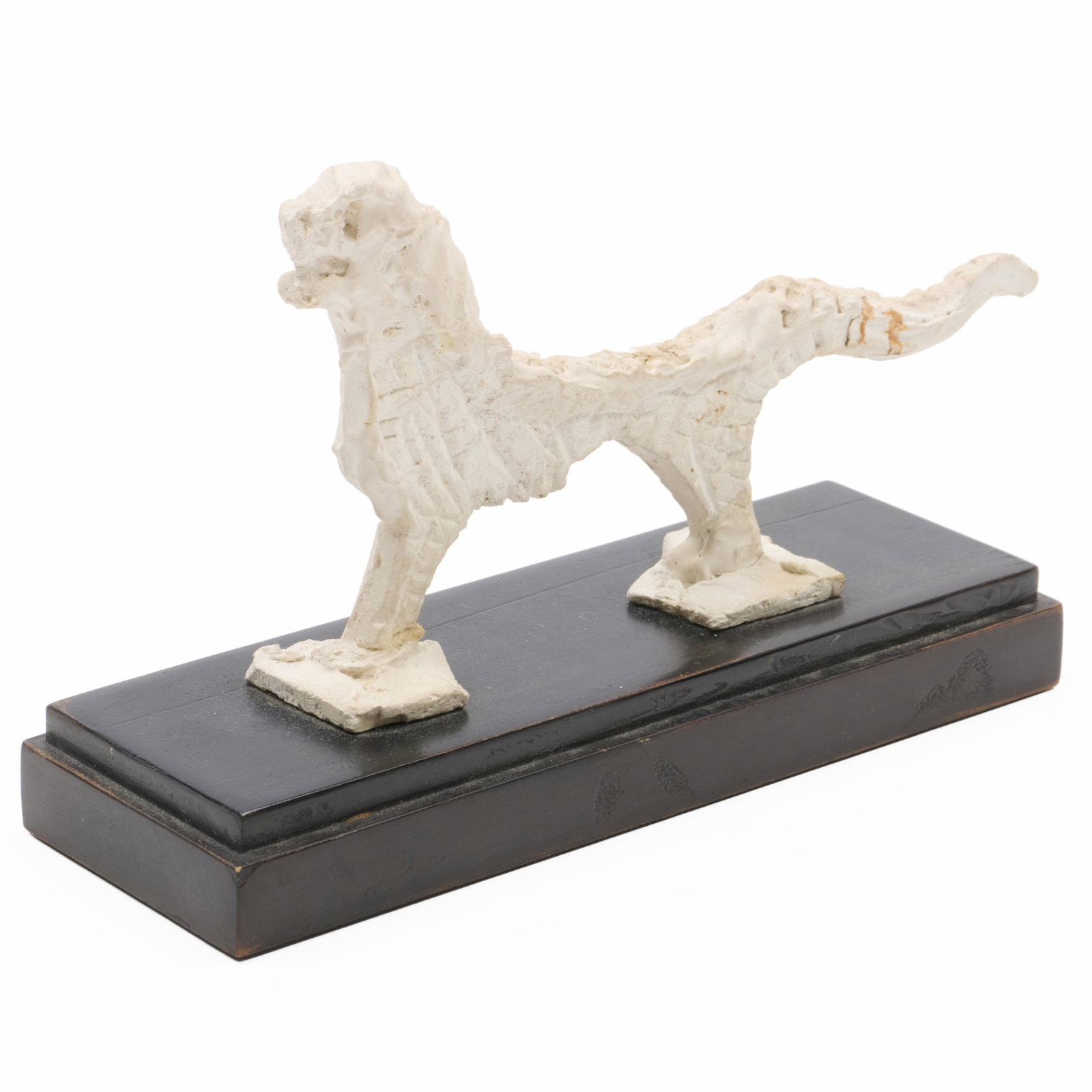 20th Century School: Dog: 20th Century School: Dog Mixed media on a black wood base, unmarked, with label from Galerie Vallois, Paris. 4 1/2 x 7 x 2 1/2 in., with base. Collection of Nancy McClelland.