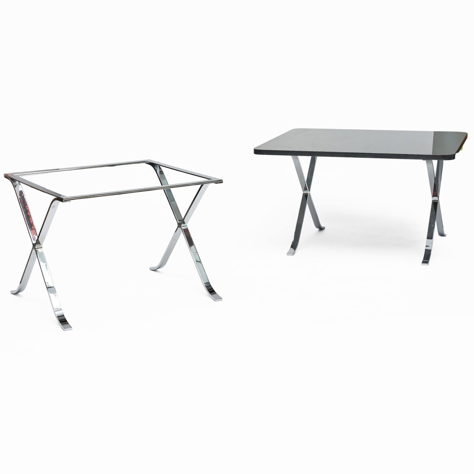 Set of Four of Mies Van der Rohe Chrome Barcelona Side Tables: Set of Four of Mies Van der Rohe Chrome Barcelona Side Tables 23 1/2 x 31 1/2 x 29 1/2 in. 43 1/2 x 39 x 1 in., the top. Collection of Nancy McClelland.