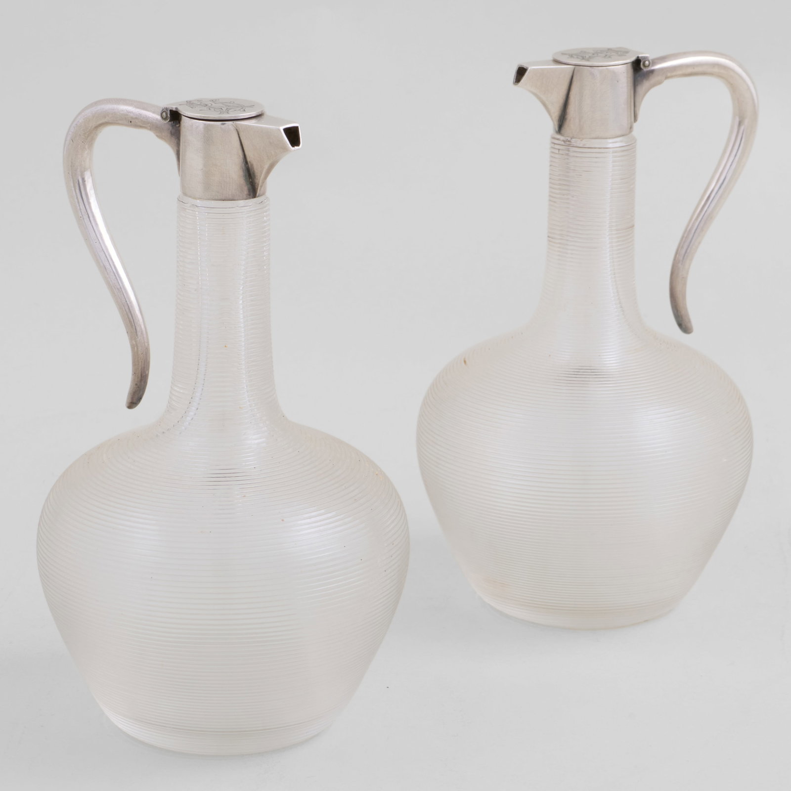 Pair of Art Krupp Berndorf Silver Plate Mounted Glass Ewers in the Manner of Christopher Dresser (1 of 10)