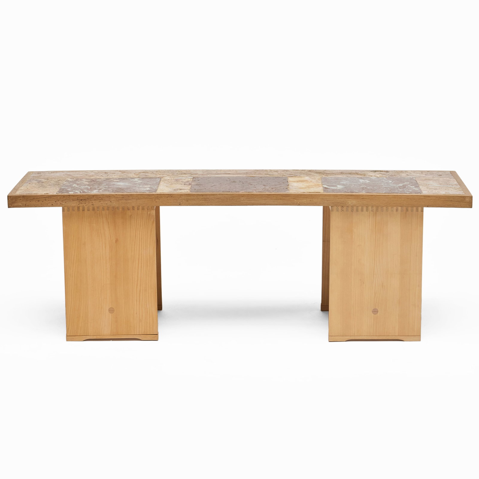 Rectangular Marble and Oak Low Table on Twin Ulmer Stool Supports - 2